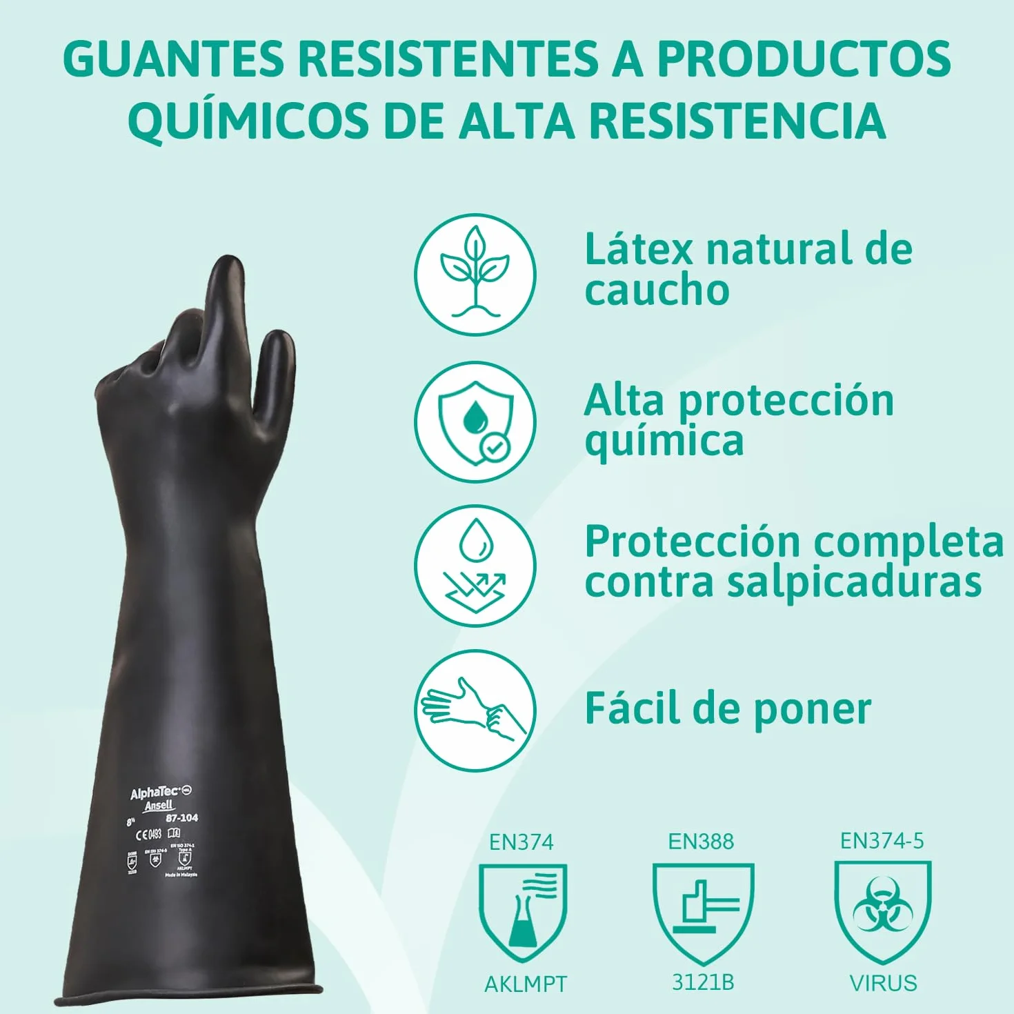 Ansell Guantes de látex de protección química AlphaTec 87-104, guantes de protección para las industrias mecánica y química, buena flexibilidad y elasticidad, 1 par, talla 8.5 (M)