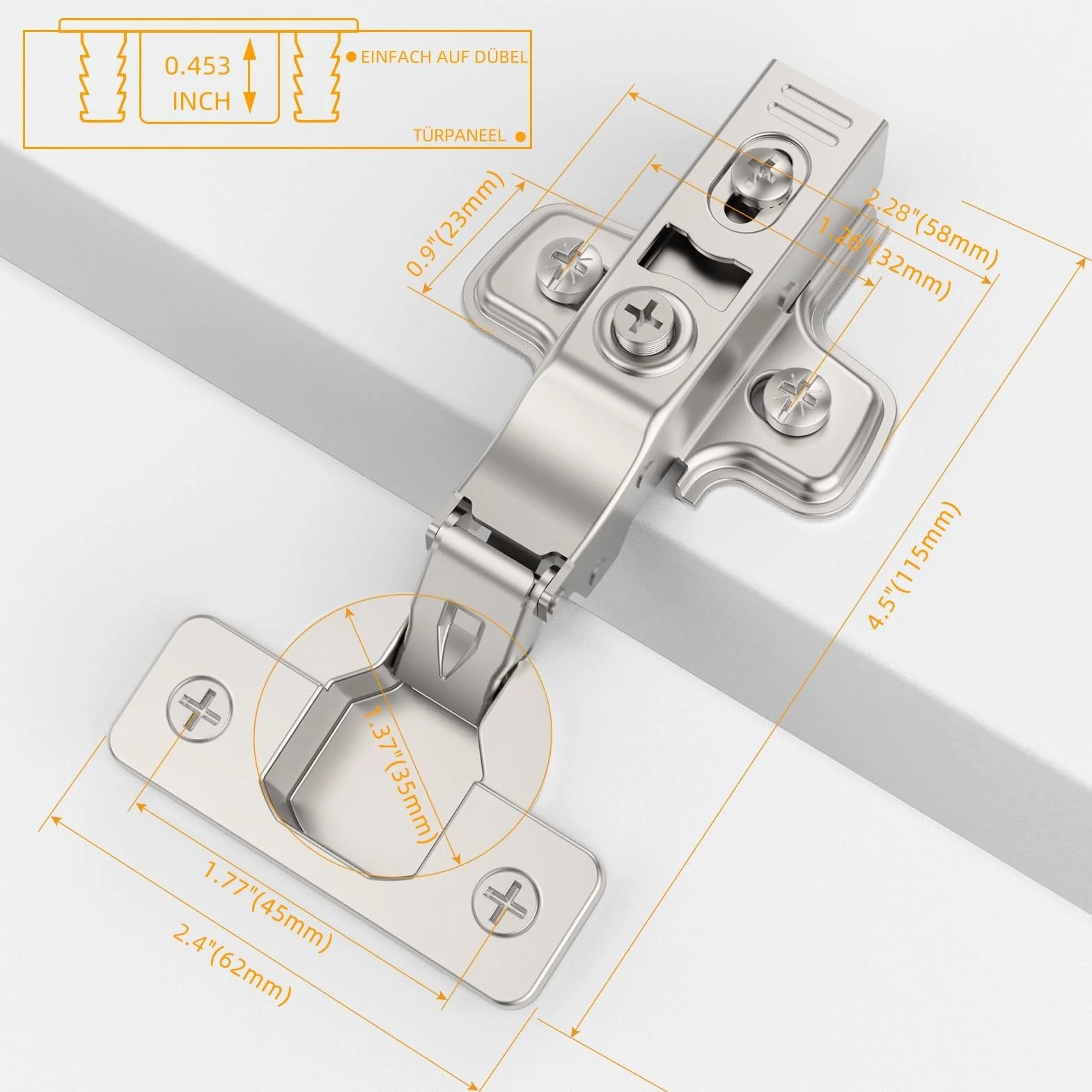 Furniware 2 bisagras ocultas 3D cierre suave ángulo 45°-105° autocierre níquel satinado Clip-On acero inoxidable para puertas armario
