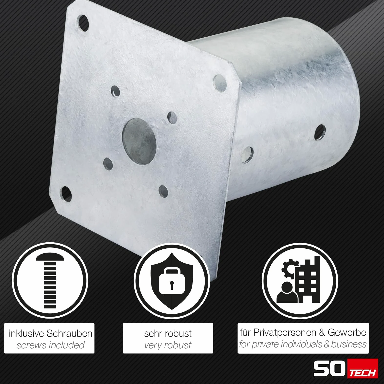 SOTECH JUEGO de 2 anclajes roscados, redondos Ø 100 mm, 152 mm de altura, acero galvanizado en caliente, toma de tierra para madera redonda - ideal para uso en exteriores