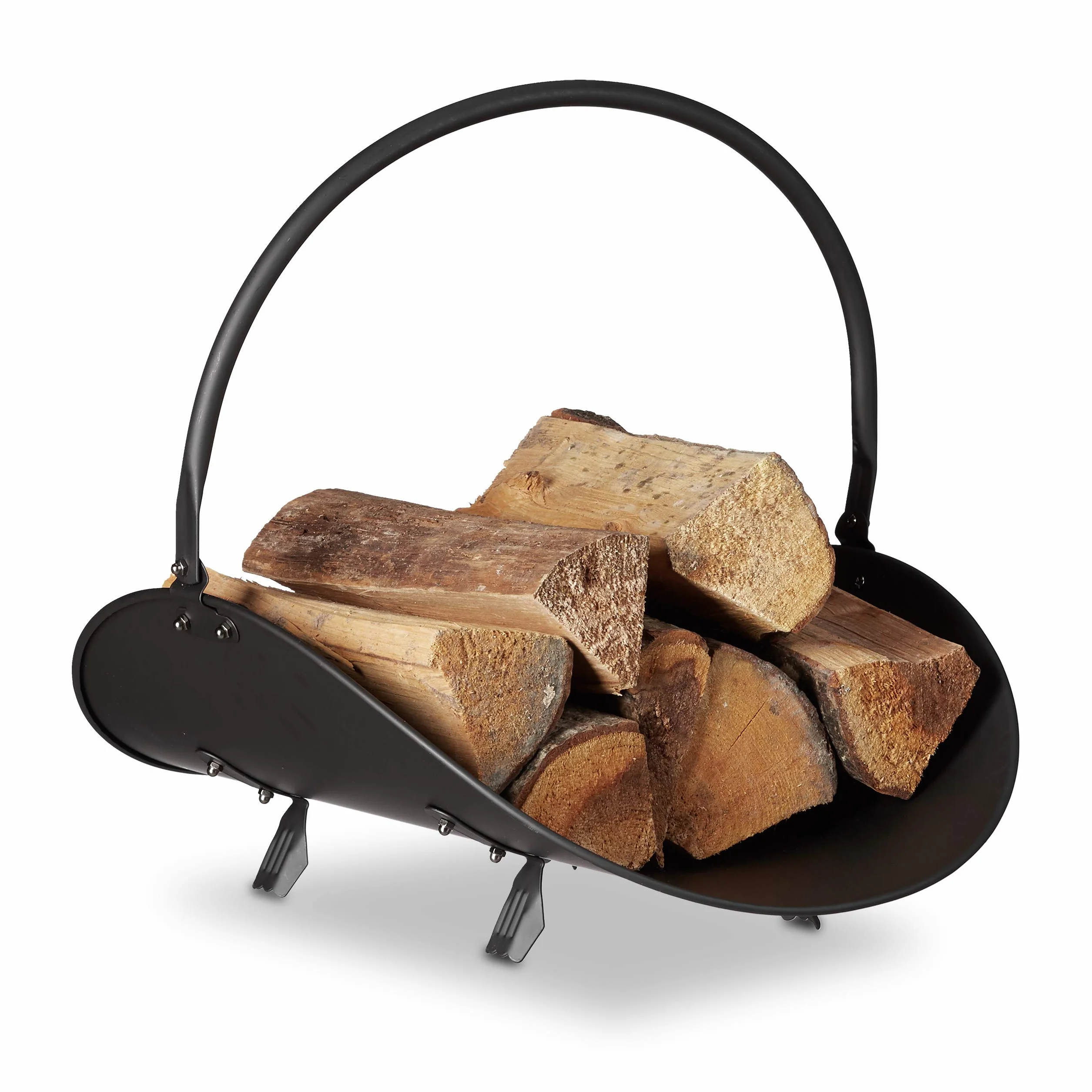 Relaxdays Cesta para Leña Moderna con Asa, Canasto Chimenea, Almacenaje Madera y Transporte, Acero, 40x38x48 cm, Negro