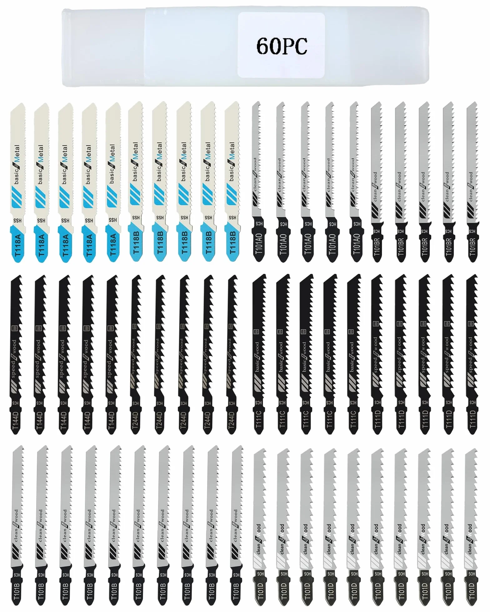 Set de 60 Hojas Sierra de Calar – Hojas T-Shank para Madera, Plástico y Metal, Hojas Sierra de Calar para Madera, Hojas Largas con Práctico Estuche de Almacenamiento