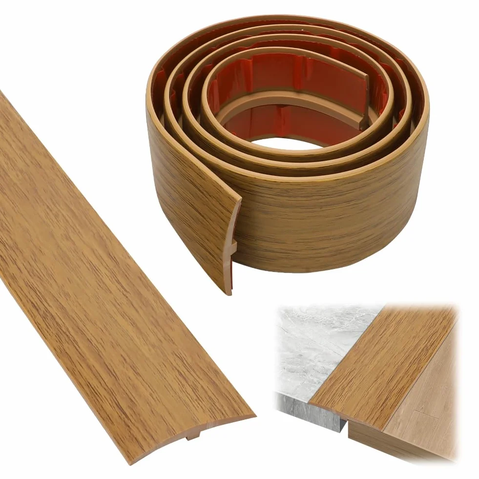 Perfil de transición en T, umbrales de puerta de PVC, molduras, perfil de transición de 3 m x 5 cm, autoadhesivo, tira de cobertura para nivelar suelos para suelos de parqué, umbrales de laminado