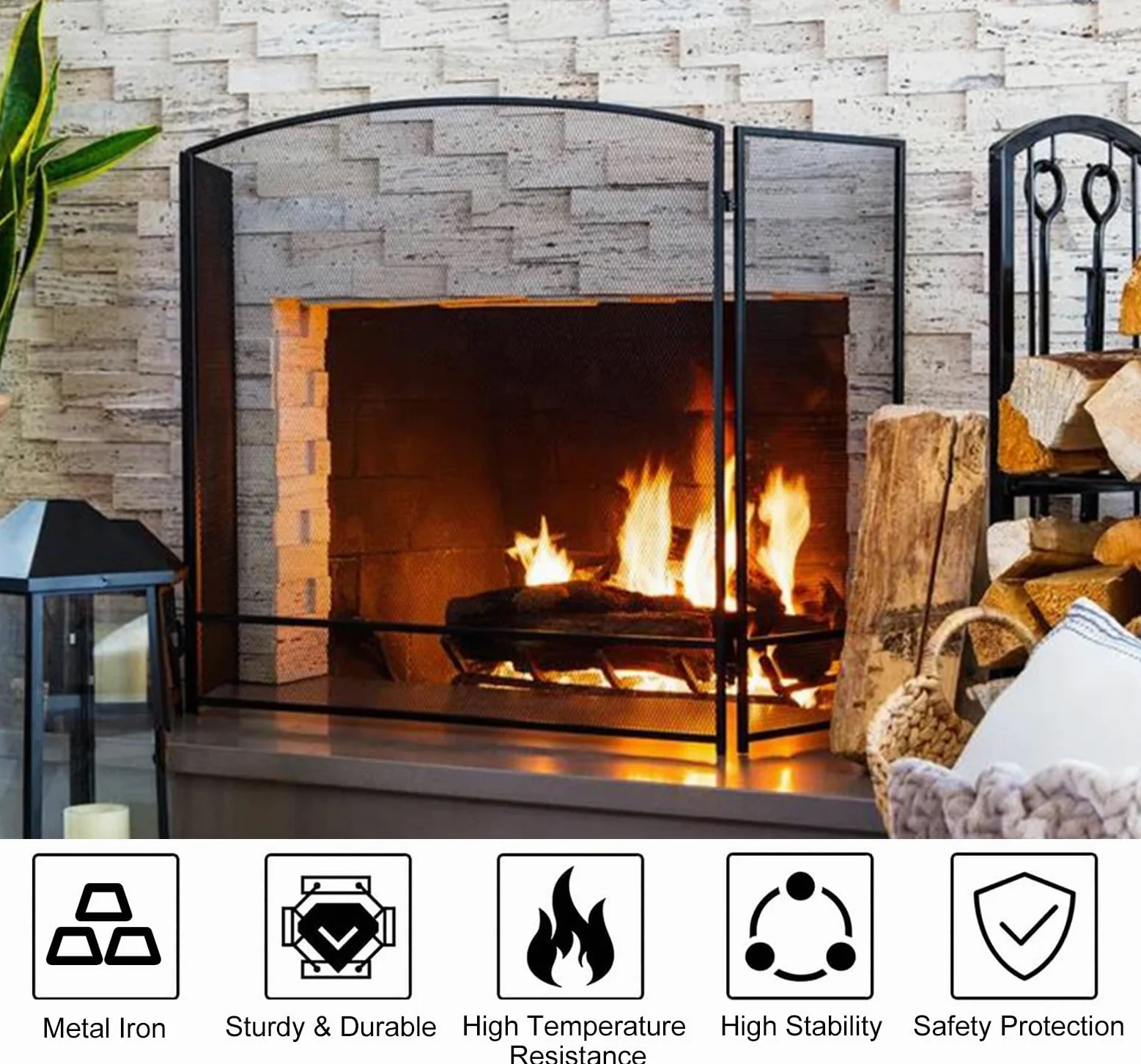 ZIMGOD Salvachispas Chimenea Pantalla de Protección contra Incendios Plegable de Tres Pliegues, Protector de Seguridad Antichispas Negro, Barrera de Protección para Chimenea Arqueada(89cm/35)