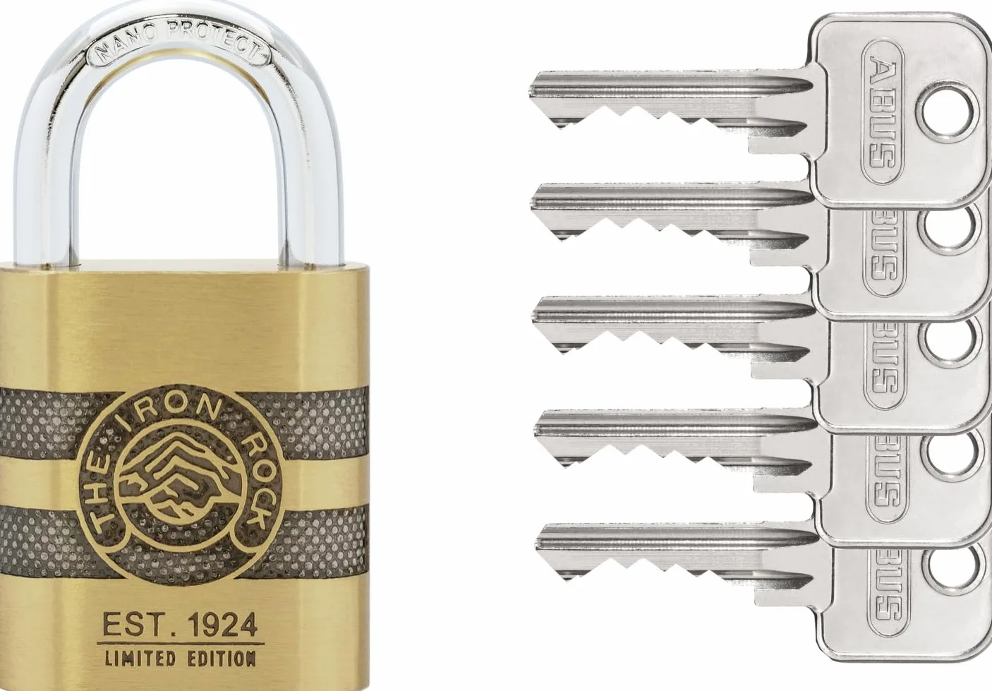 ABUS IRON ROCK 83/45 - Candado de latón con 5 llaves contra grillete de acero endurecido, nano protect, resistente a la intemperie, nivel 8