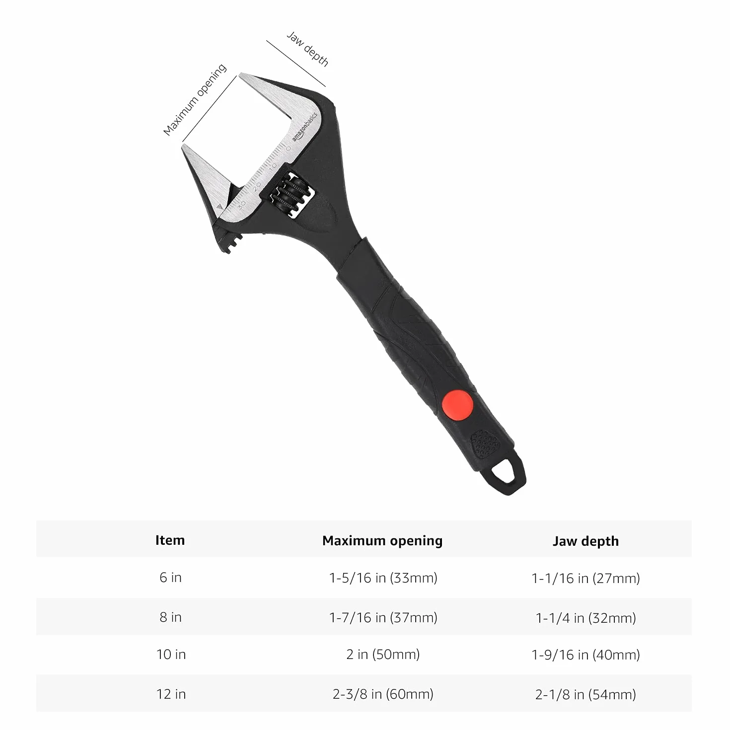 Amazon Basics Llave ajustable para fontaner a con agarre suave, boca ancha, incluye: 6in (150mm), 8in (200mm),10in (250mm),12in (300mm), Paquete de 4 tamaños