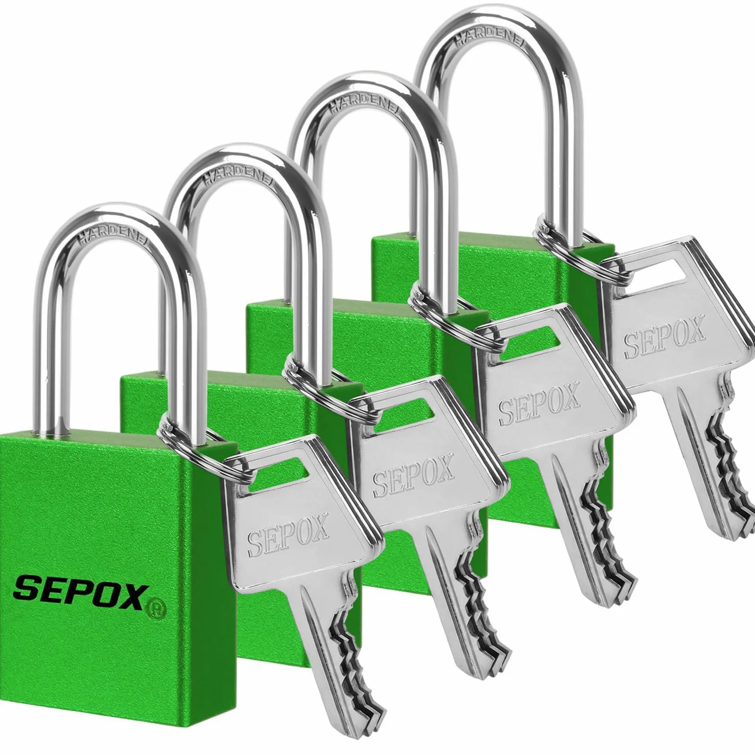 SEPOX® Candado de aluminio verde para exteriores, resistente a la intemperie, con llave igual, juego de 4 cerraduras con 8 llaves, cuerpo resistente al óxido y antioxidante de 1-1/2 pulgadas, 38 mm