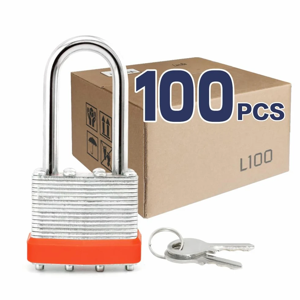LanuBe Candado laminado con llave (1-9/16 pulgadas, 40 mm), cerraduras iguales con llave, grillete largo, aro de plástico naranja marcado, paquete de 100