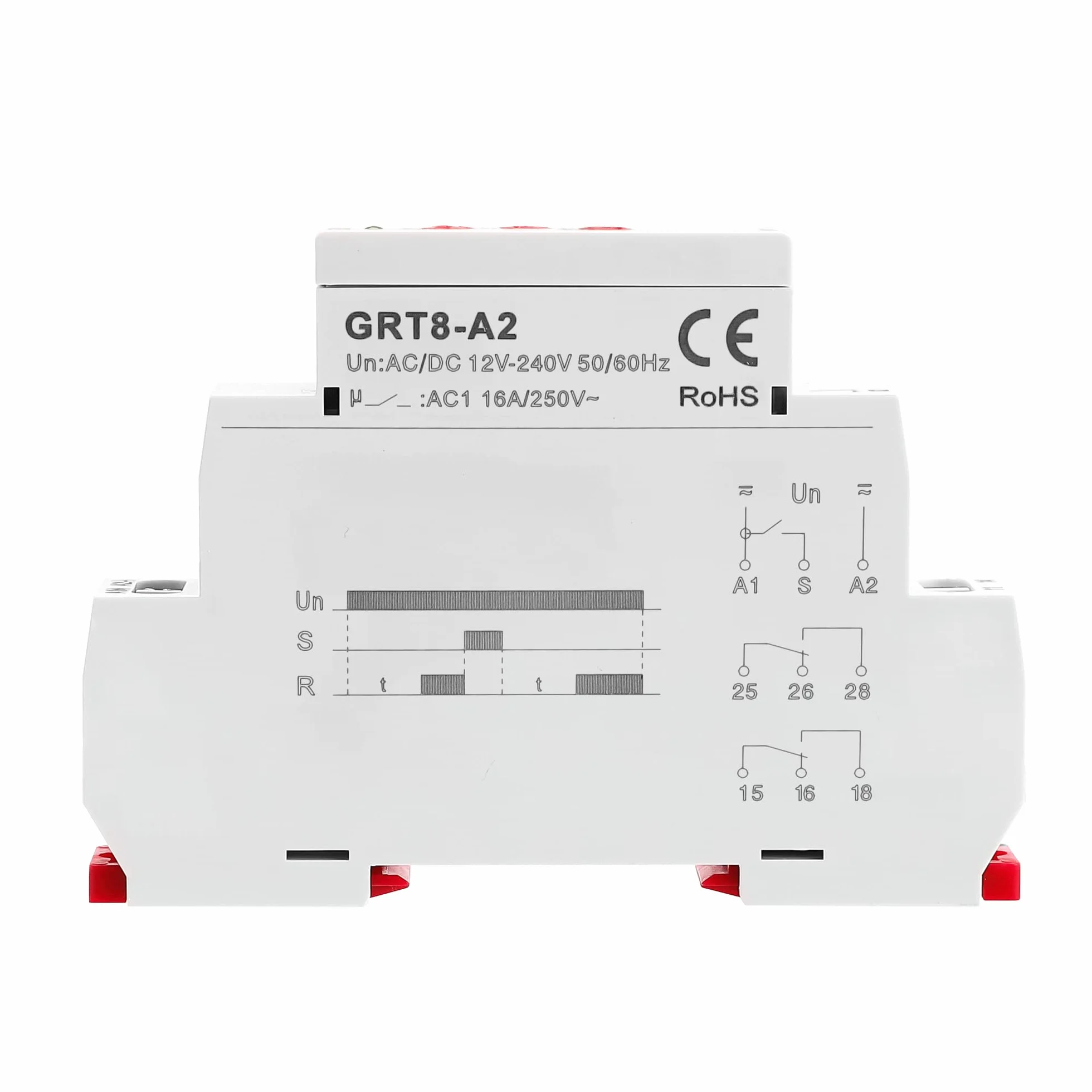 GEYA Retraso encendido Relé de tiempo de función única 2Contactos 16A electrónico Retardo encendido temporizador relé (GRT8-A2,AC/DC12V-240V)