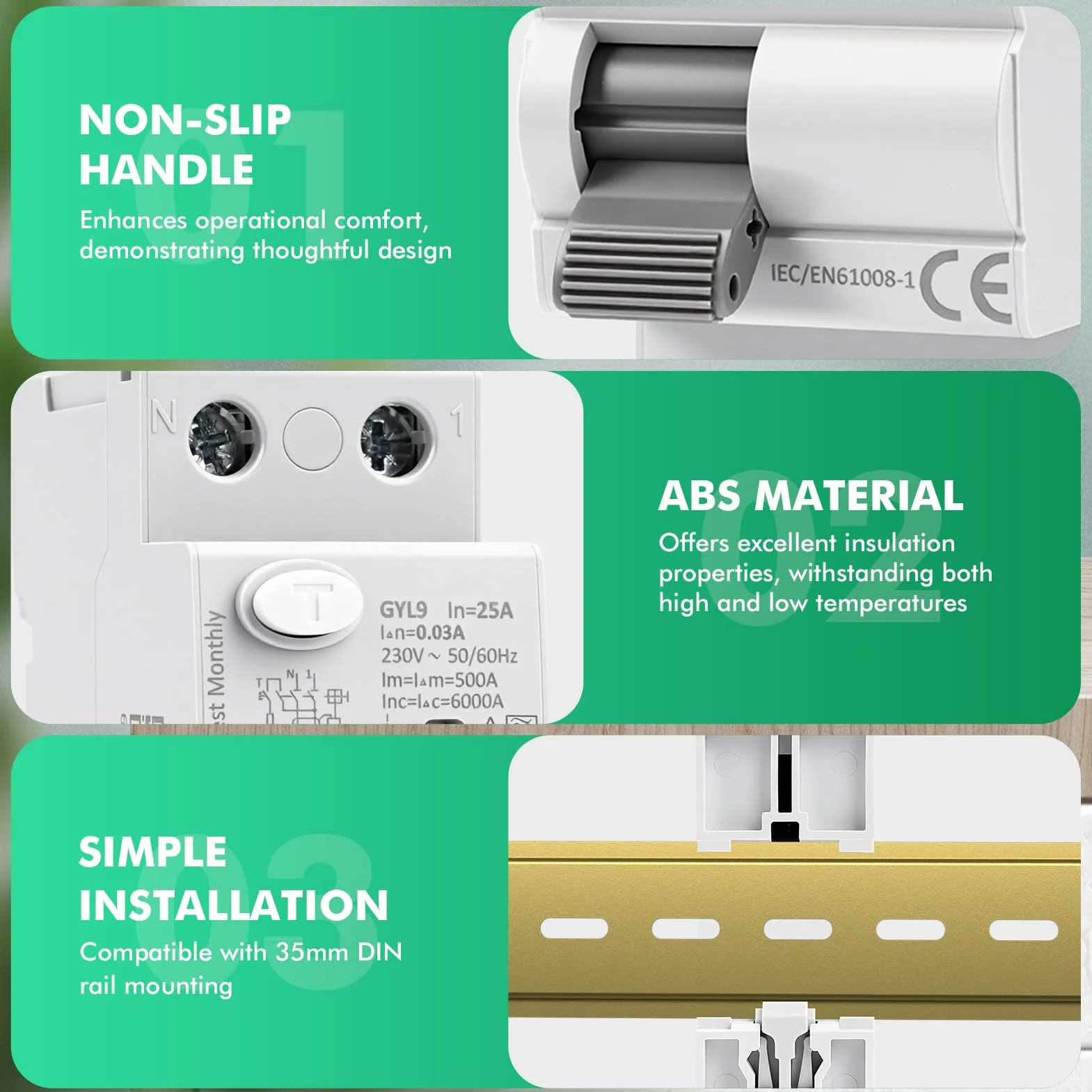 Interruptor Diferencial SuperInmunizado AC230V 2P Diferencial 25A 30mA Disjoncteur Différentiel Magnetotermico para el arranque ocasional de circuitos y motores tipo GYL9-2P-25A-0.03A-A