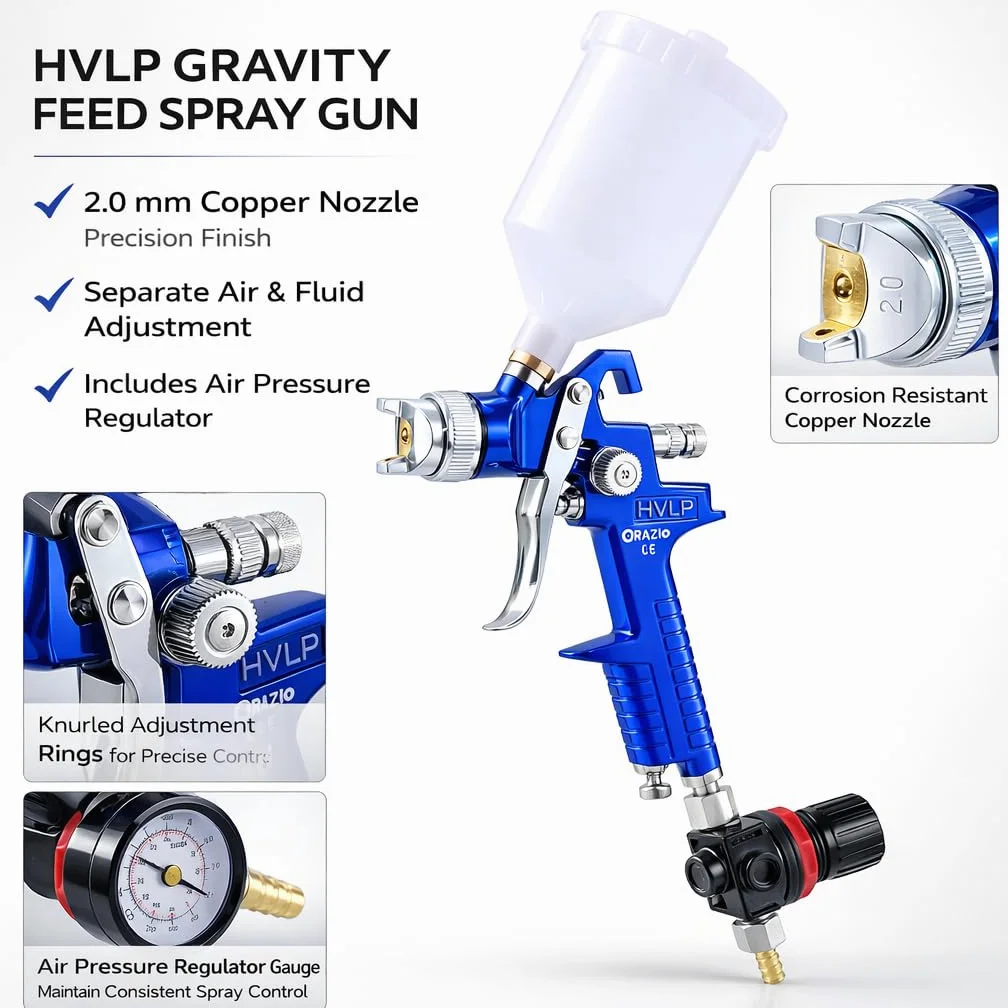 ORAZIO Pistola Pulverizadora Pintura HVLP 600ml 2,0mm Boquilla de Cobre con Regulador de Presión de Aire para Vehículos Muebles Valla Revestimiento de Superficie Rociado