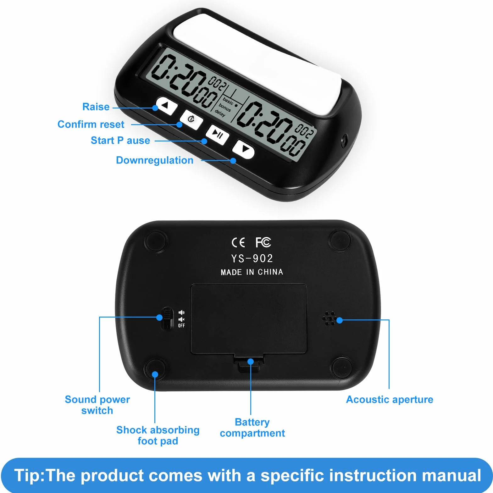 USHOP Reloj de ajedrez Profesional​​,Reloj ajedrez​​ con Digital Multifuncional Pantalla​​ – Cuenta Regresiva/Bono/delay,Control de 4 Botones​​,diseño competitivo​​ para torneos y Juegos de Mesa