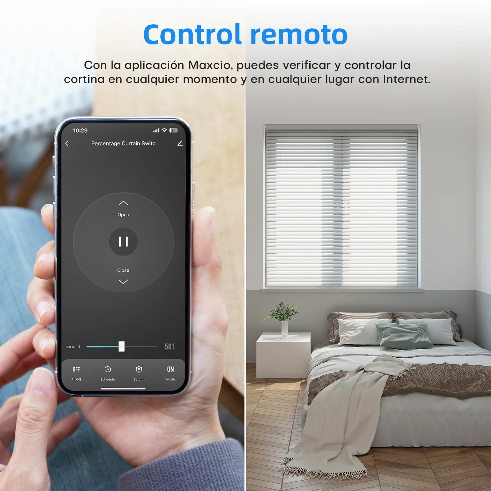 Maxcio Interruptor de persiana WiFi, Interruptor Inteligente Persiana LED Compatible con HomeKit, Alexa y Google Home, Calibración con un Solo Clic, Control de Porcentaje, Remoto y Control por Voz