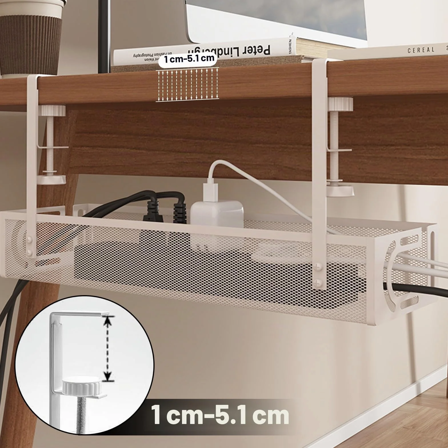 Bandeja de gestión de Cables para Debajo del Escritorio, Organizador de Cables sin Taladro, Bandeja de Cables Ajustable y retráctil, fácil de Instalar, solución de Cables para el hogar u -1 Paquete