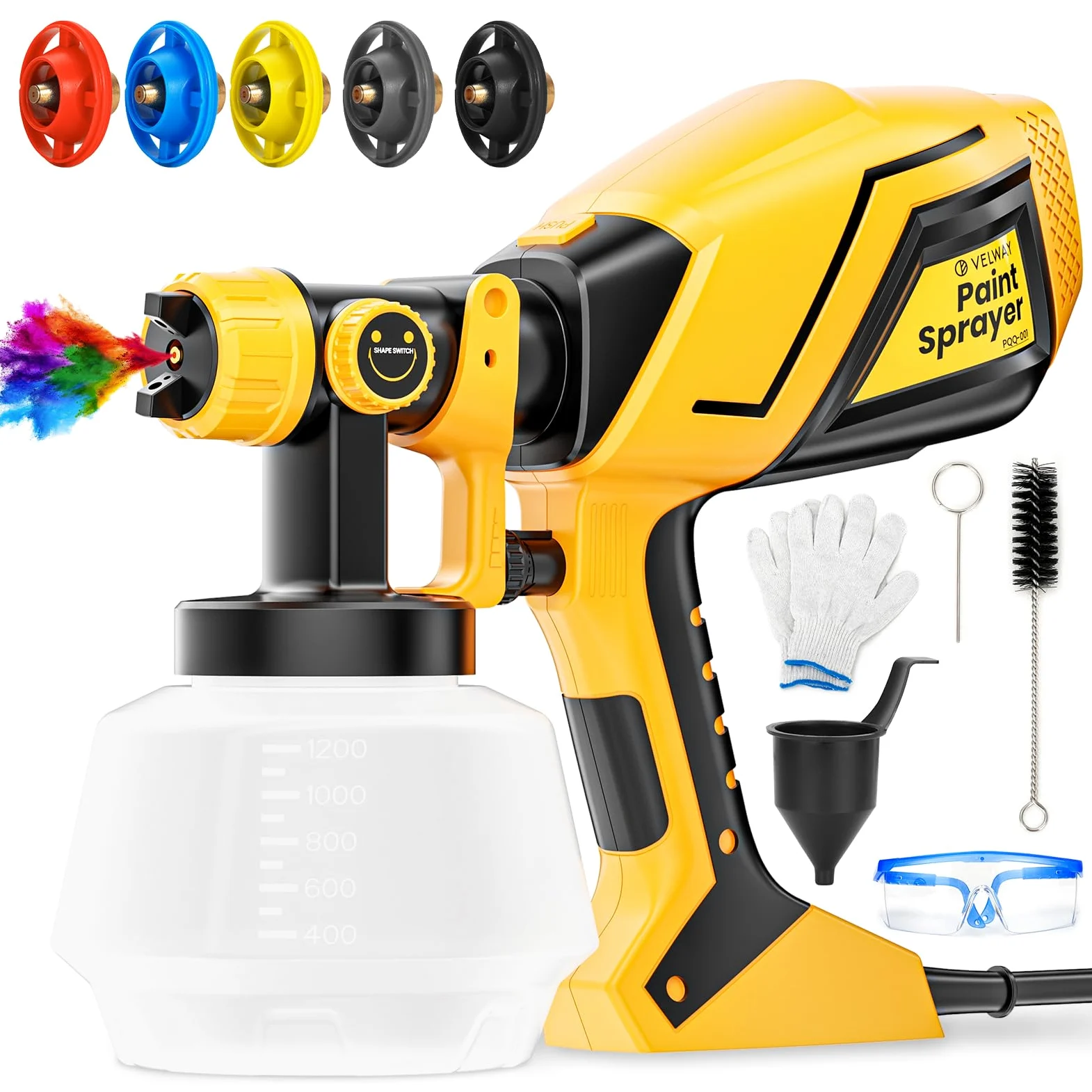 Velway Pistola de Pintura, 600W HVLP Pulverizador de Pintura Electrica con Contenedor de 1200ml, 5 Boquillas y 3 Patrones, Ideal para Muebles, Vallas, Paredes, Armarios, Bricolaje, Techos, Jardín