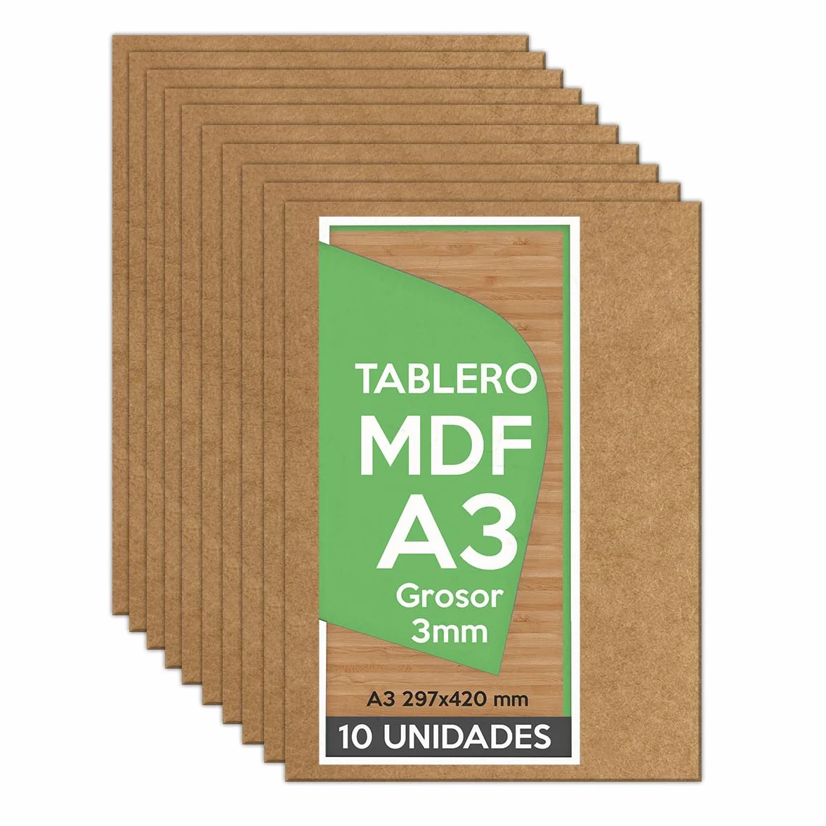 Tablero DM (MDF) A3 297x420 x 3mm (10 paneles) - Madera para Bricolaje, Manualidades, Corte Láser, Marqueteria, Calado, Artesanía - Paneles de Madera de Ingeniería para Manualidades