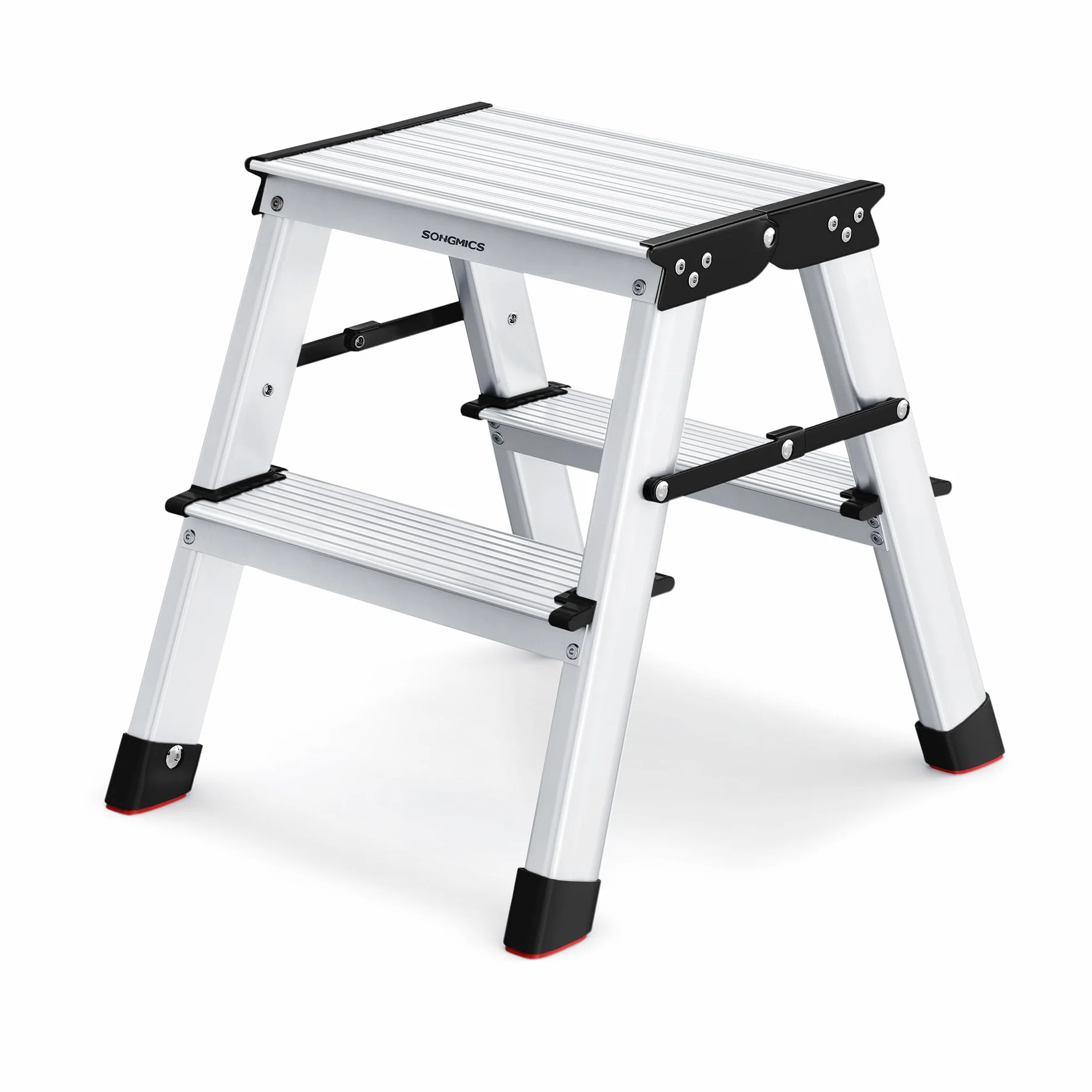 SONGMICS Escalera Plegable, Escalera de Mano, Escalera de Aluminio con 2 Peldaños Antideslizantes, Multifuncional, Carga de 150 kg, Gris Plata y Negro Tinta GLT012E01