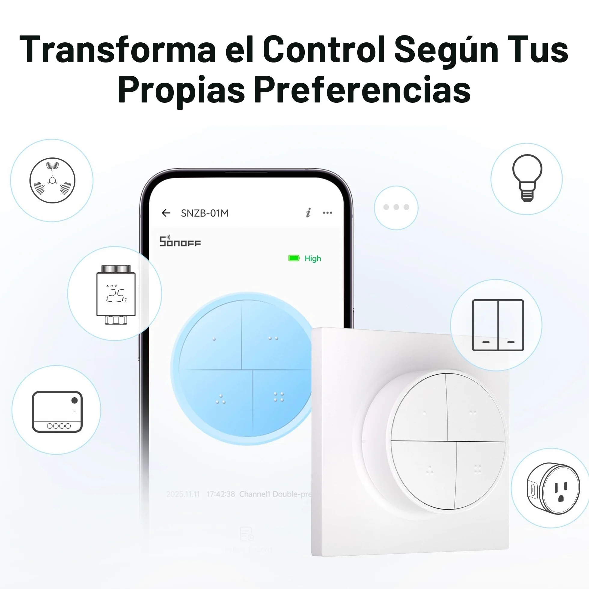 Botón Inteligente Sonoff SNZB-01M 4 en 1 Inalámbrico ZigBee Blanco | 16 acciones, Zigbee Binding & TouchLink Control de luz, compatible con Home Assistant, SmartThings, Hub requerido
