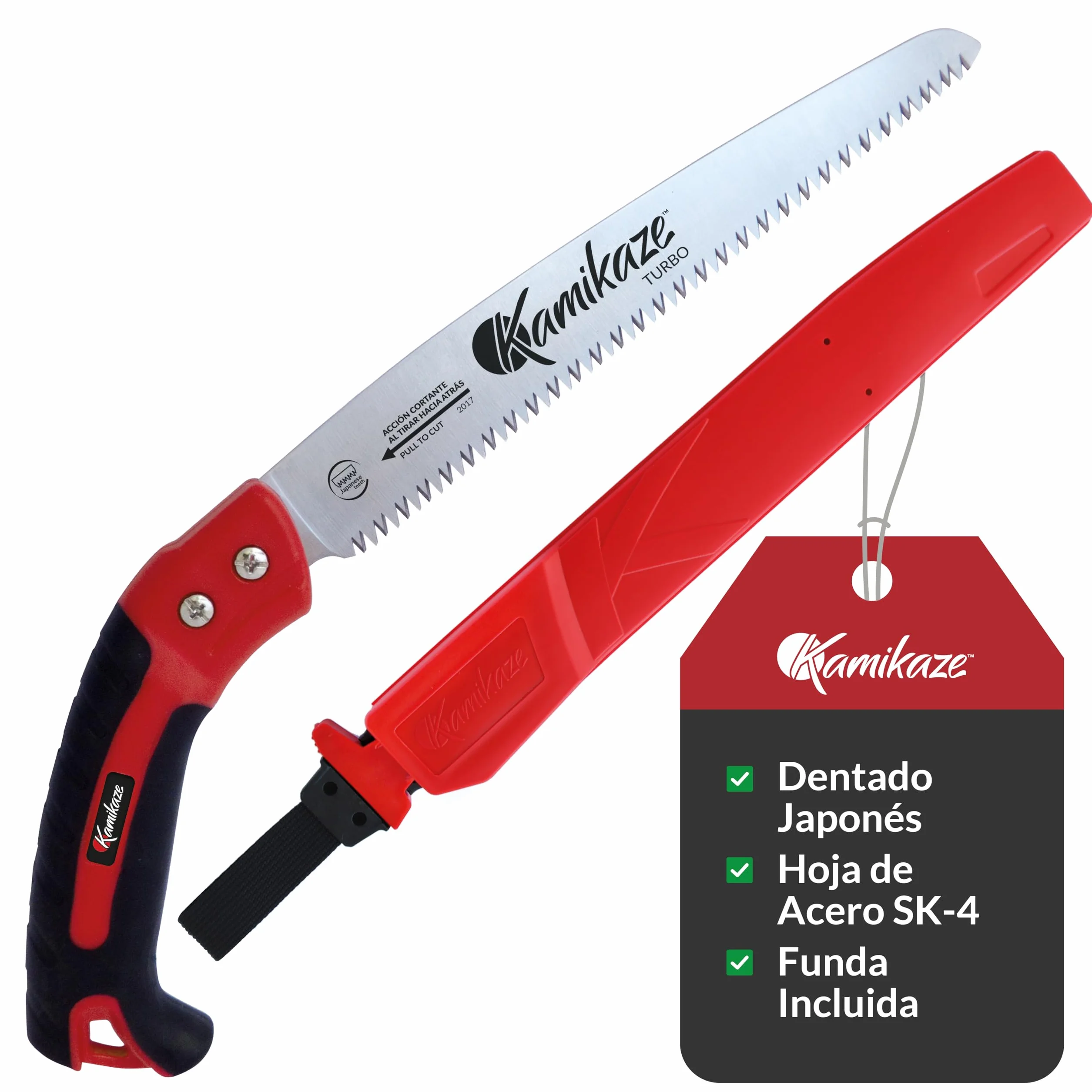 KAMIKAZE Serrucho de Poda Recto S-300H. Serrucho con Dentado Japonés de Hoja Recta 300mm. Sierra para Madera con Hoja de Acero SK-4 Rico en Carbono de Alta Durabilidad. Incluye Funda.