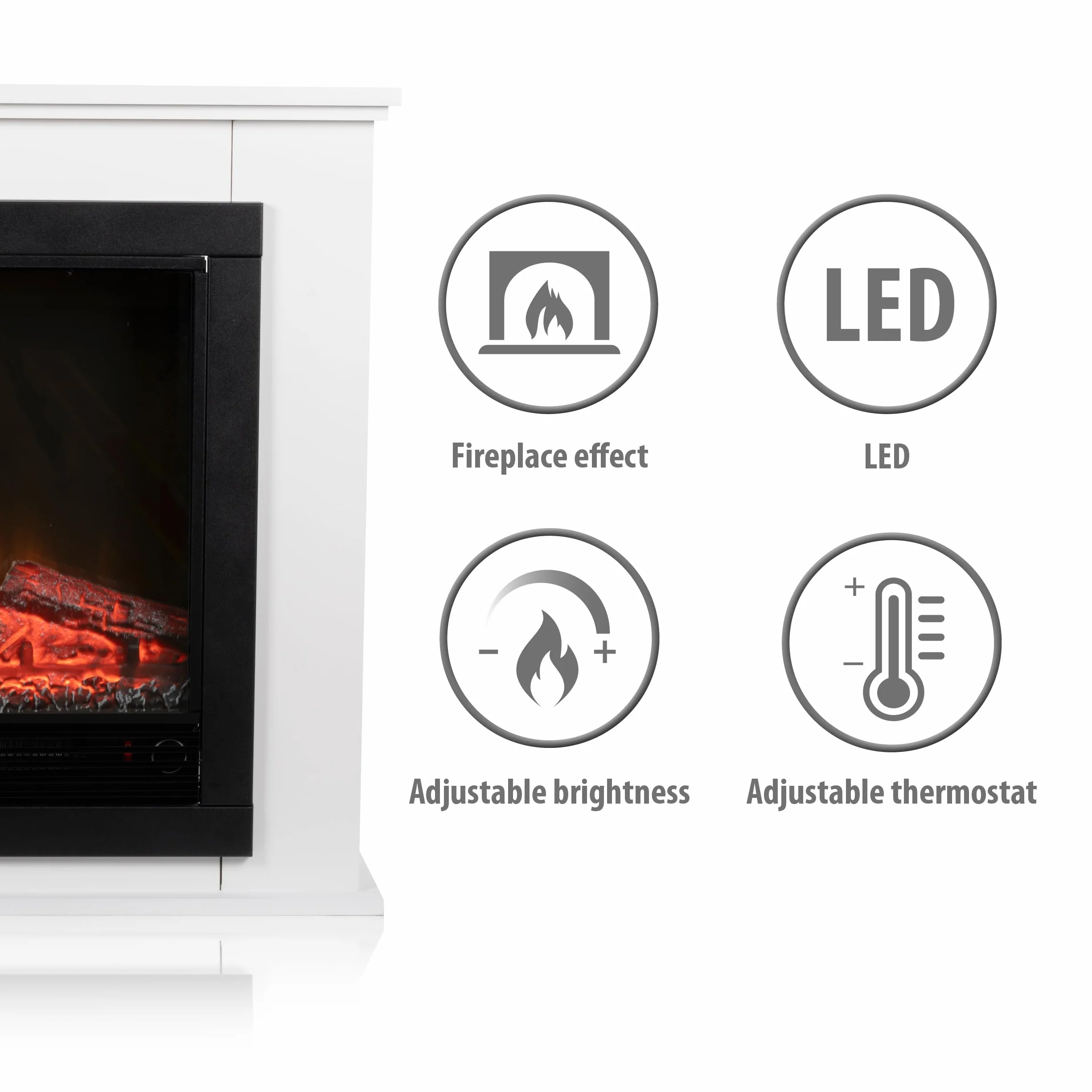 Alpina Geneva Chimenea Eléctrica - Chimenea Decorativa con Calefacción, Panel de Control y Temporizador - Estufa Eléctrica Independiente con Llama LED - 1800W - Blanco