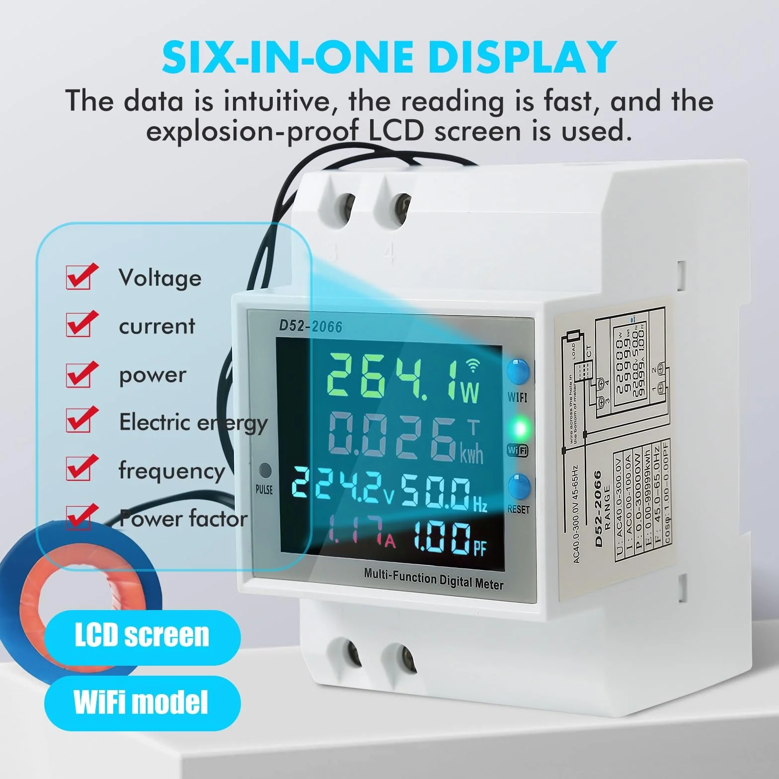 Jadeshay Medidor de Energía WiFi, AC 40-300V 100A Contador Electrico Digital Multifuncional Voltímetro Amperímetro para Medición del Consumo Eléctrico Voltaje Corriente Factor Potencia Frecuencia