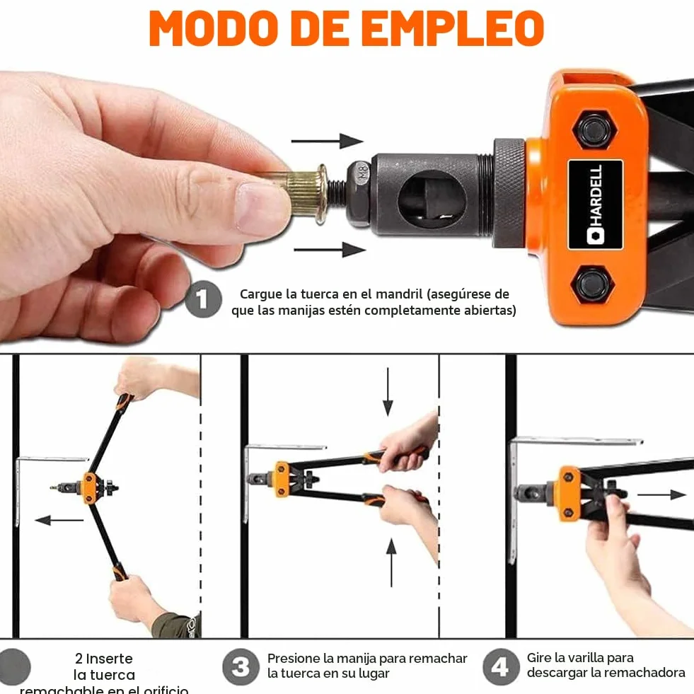 HARDELL Remachadora de Tuercas, 14" Remachadora Manual Con 150pcs Remachadora Tuercas, y 6 Mandriles Intercambiables M3 M4 M5 M6 M8 M10, Naranja
