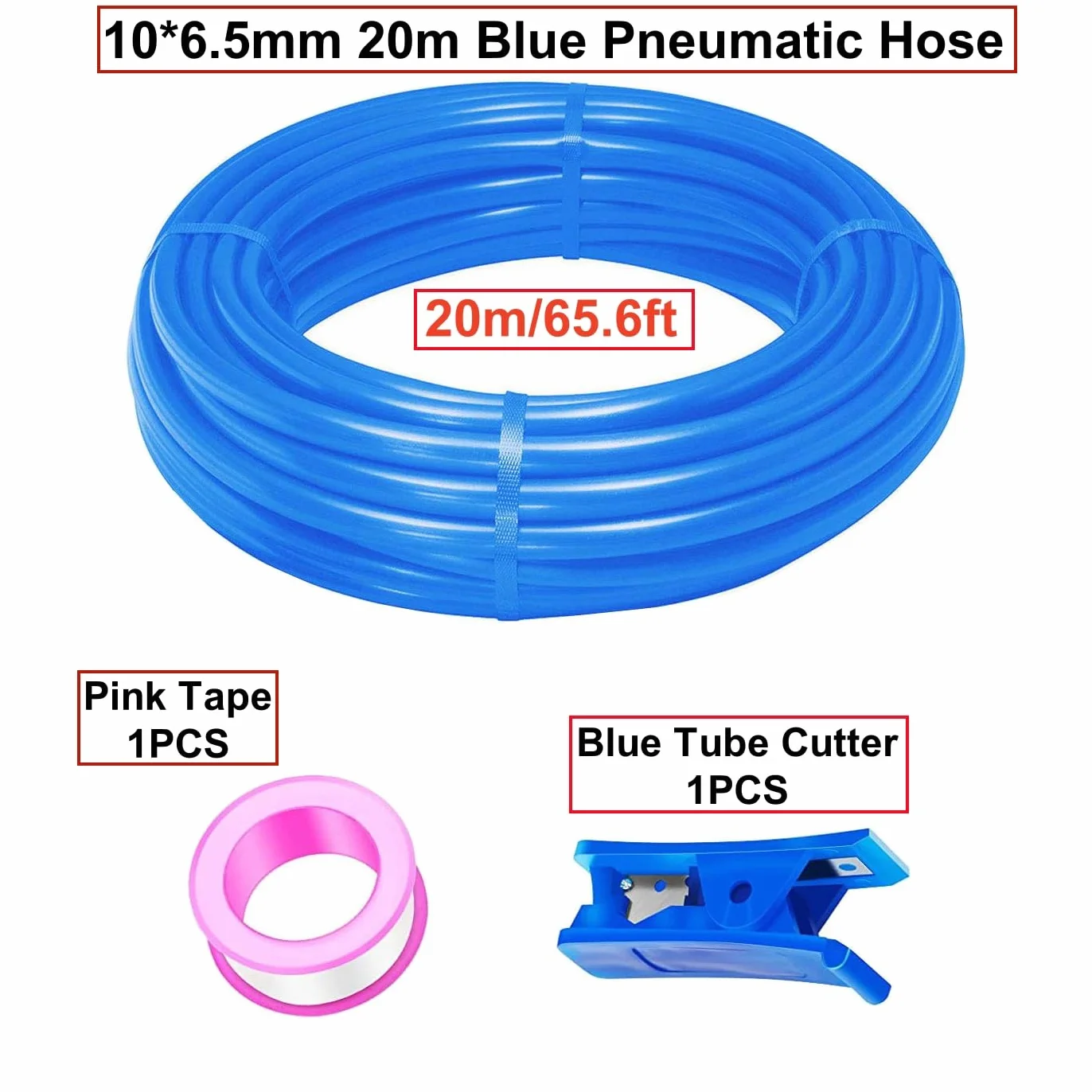 HUAZIZ 20 m de manguera neumática de poliuretano azul, manguera neumática de poliuretano, manguera flexible de aire comprimido, exterior 10 mm x interior 6,5 mm + 1 cortador de manguera azul + 1 pieza
