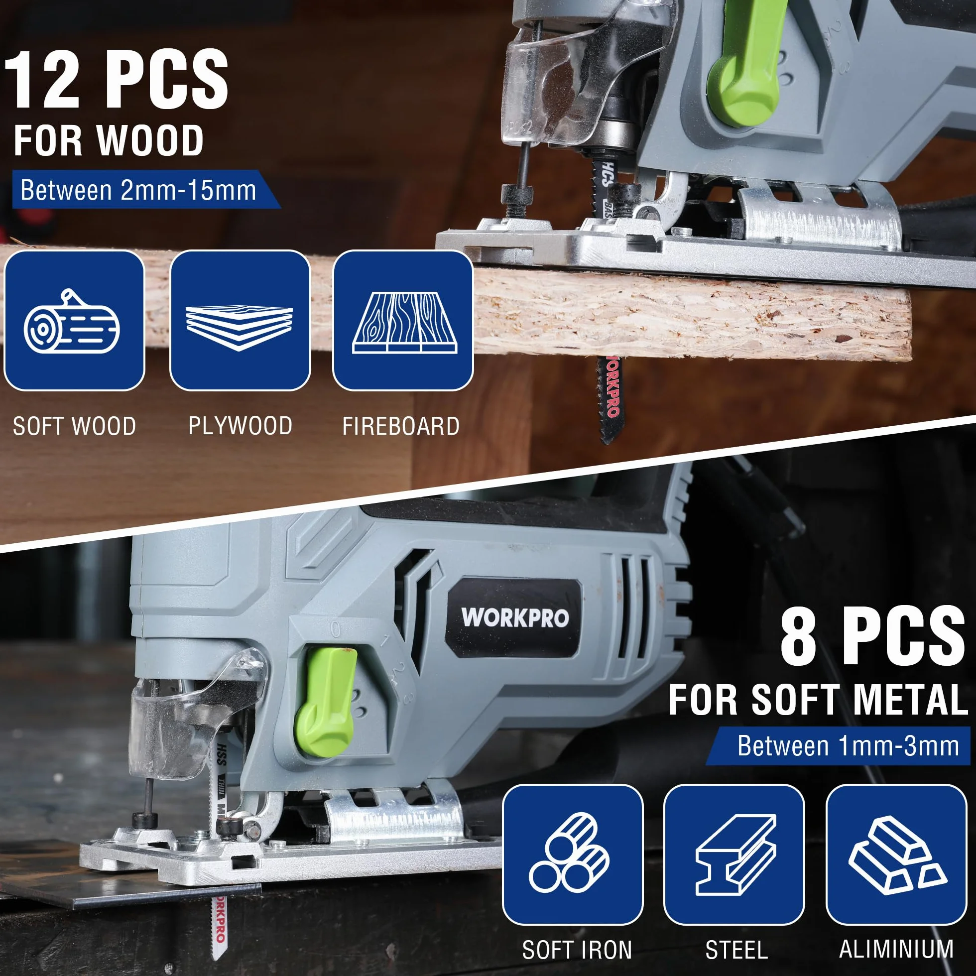 WORKPRO Hojas de sierra de calar 20 piezas, cuchillas de vástago en T HCS/HSS con estuche