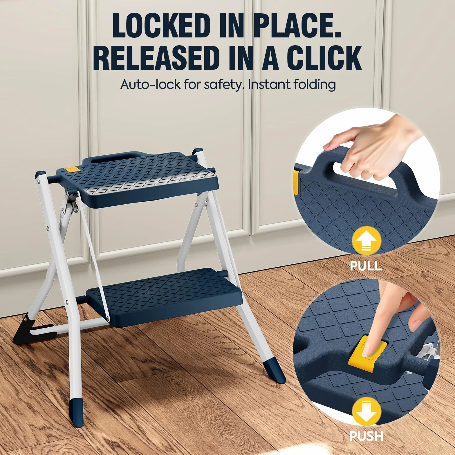 Urackify Escalera de 2 peldaños, Acero Resistente, peldaños Antideslizantes con asa, Plegable Segura con Bases Antideslizantes, Capacidad de Carga 150kg para hogar y Cocina, Azul
