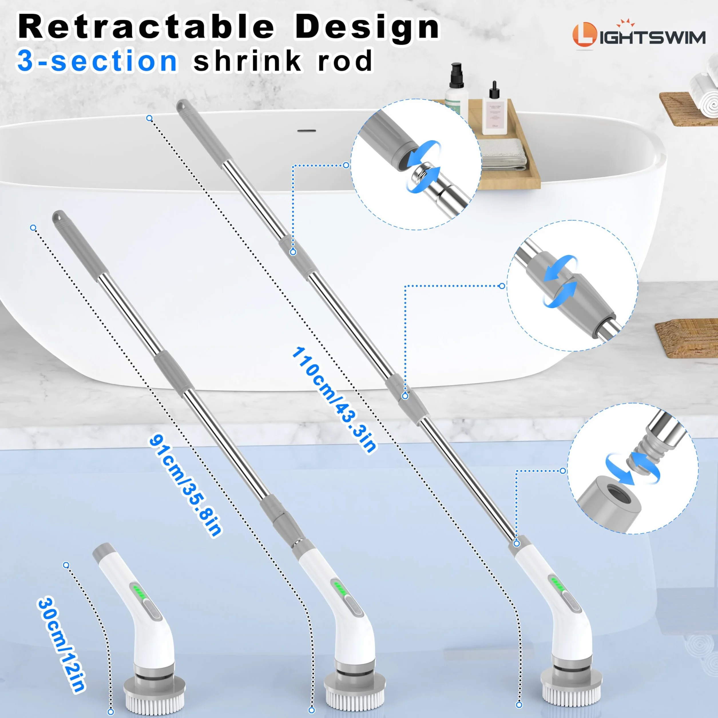 Lightswim Limpiador giratorio eléctrico, cepillo de limpieza 7 en 1, limpieza potente de 420 rpm, limpiador de baño de 1.5 horas de velocidad dual con brazo de extensión para cocina, coche, azulejos