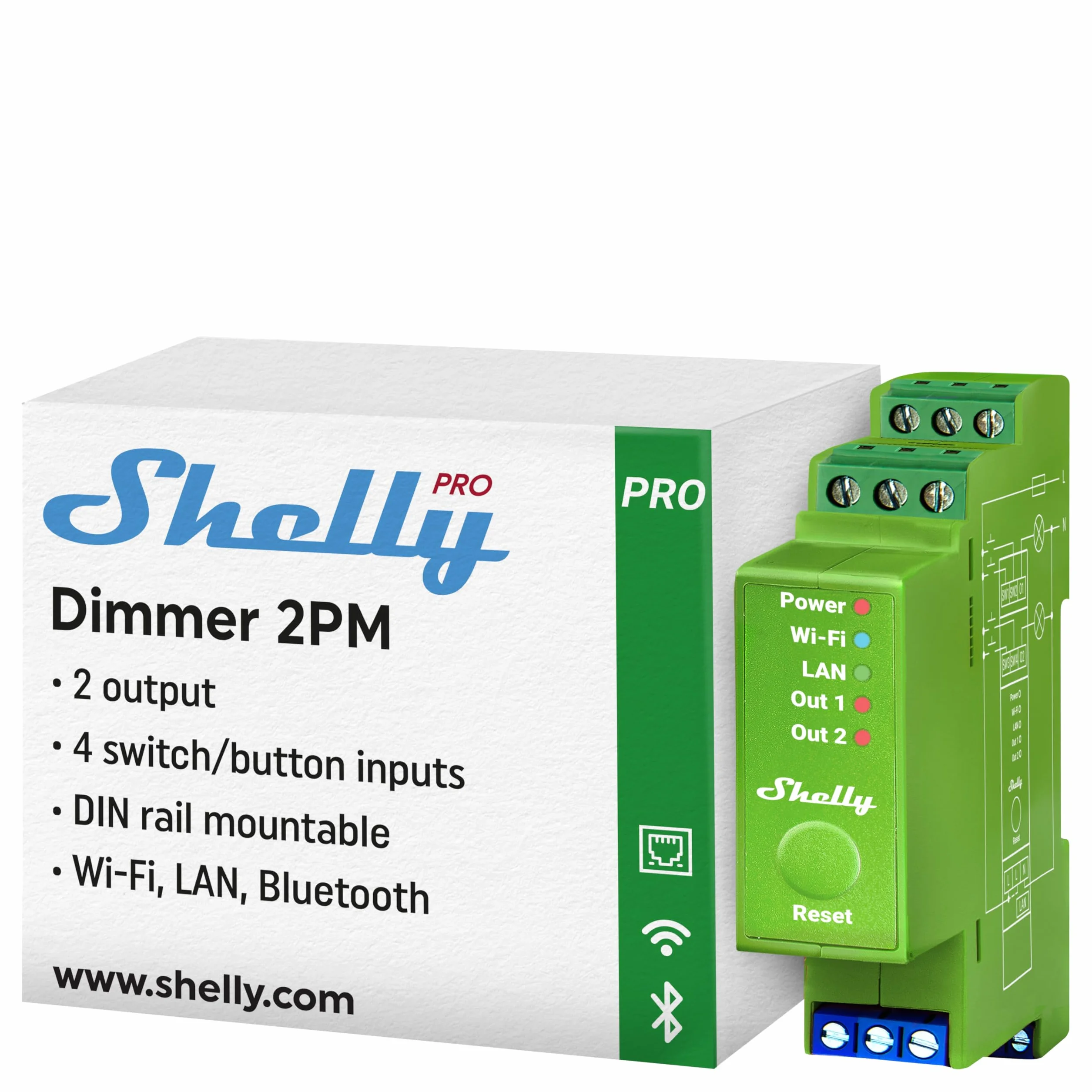 Shelly Pro Dimmer 2PM – Regulador de Luz Wi-Fi y LAN con Medidor de Consumo, 2 Canales (x 200W), Montaje en Riel DIN, Compatible con Bombillas Halógenas y LED, Alexa y Google Home, App iOS y Android