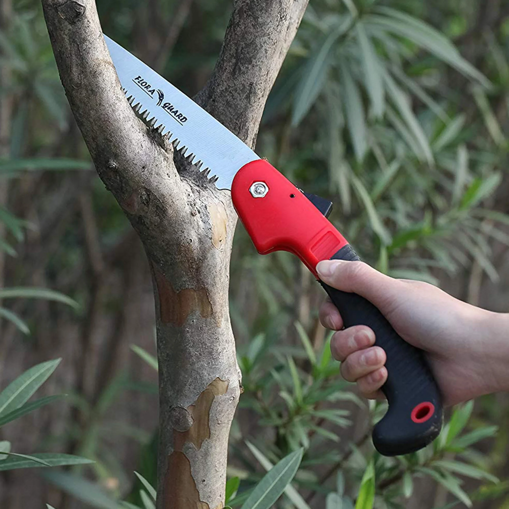 FLORA GUARD Serrucho de poda 195 mm SK5 hoja endurecida, sierra plegable con mango TPR y cierre de seguridad
