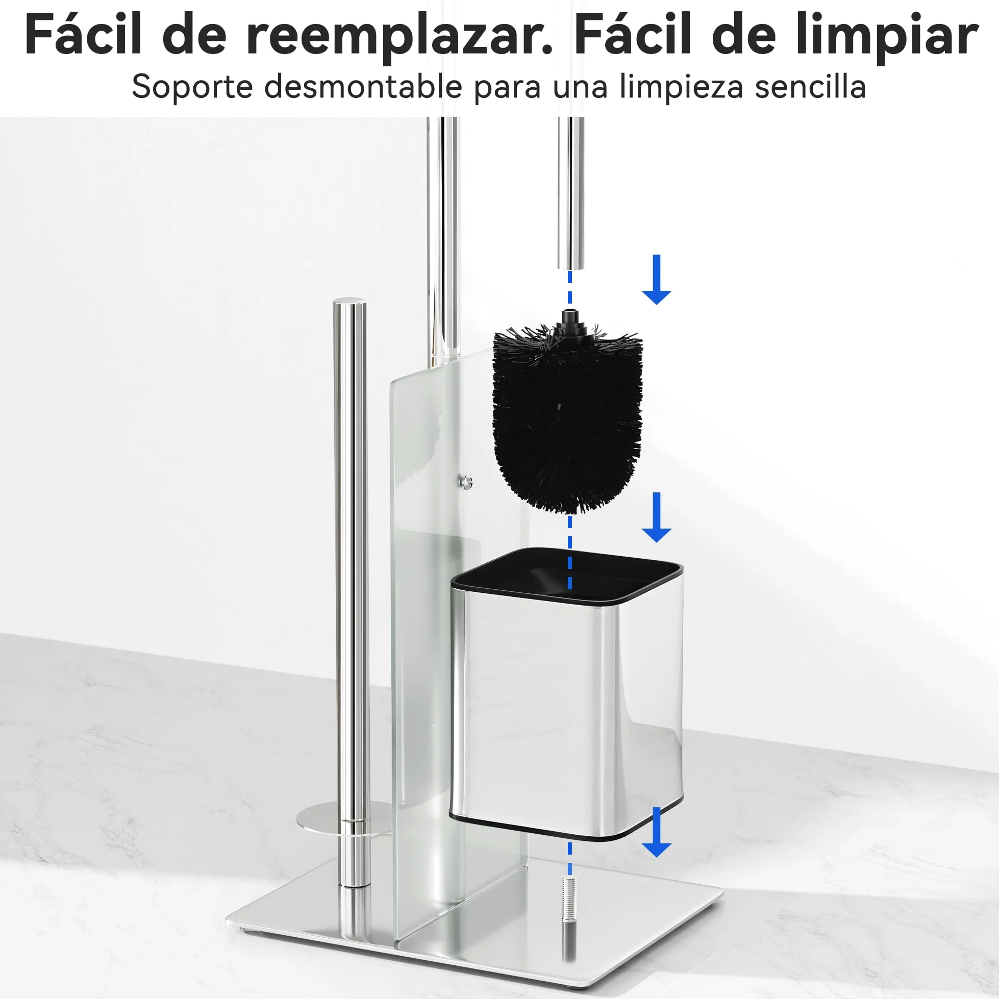 Portarrollos de pie con escobilla para inodoro - Portaescobilla y soporte para rollos de papel higiénico de pie con estante de vidrio, sin necesidad de taladrar, juego de accesorios para inodoro de