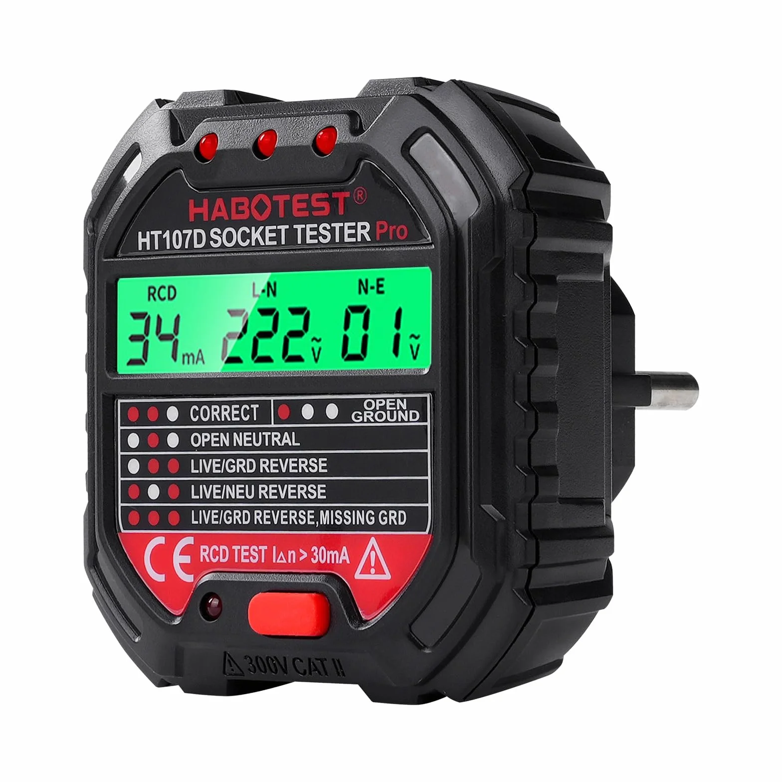 DEWIN Comprobador de Enchufes con Prueba RCD y Pantalla LCD, Probador de Enchufe 90-250V 6 Tipos de Diagnóstico, CAT.II 300V