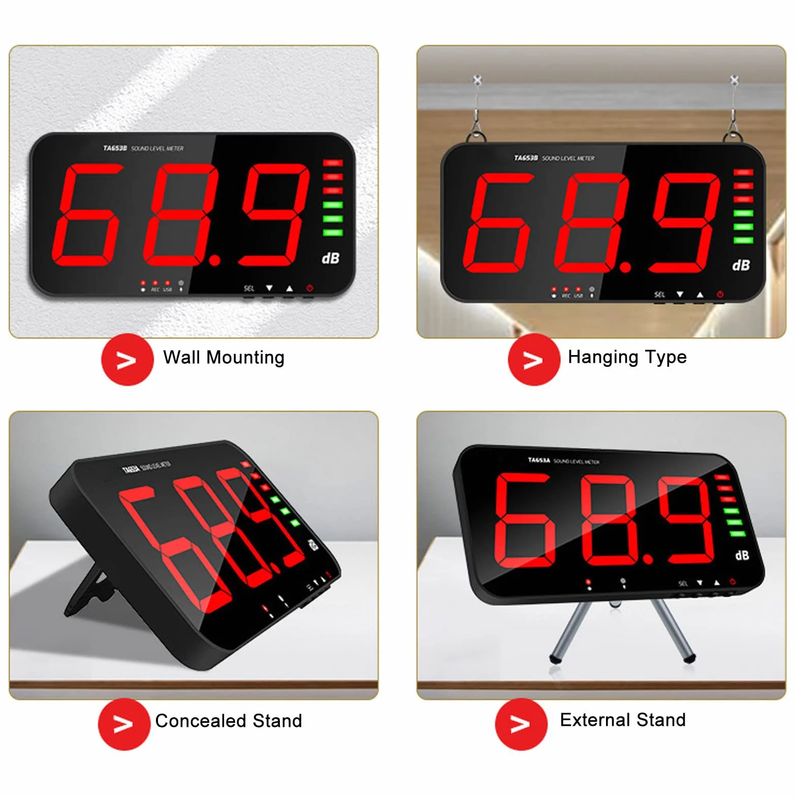 30dB-130dB DC5V 1A Medidor de Decibelios Micro USB TA654B Pantalla de 13 Pulgadas Pantalla de 3 Dígitos Medidor de Nivel de Sonido Colgador de Pared Lector de Decibelios Digital