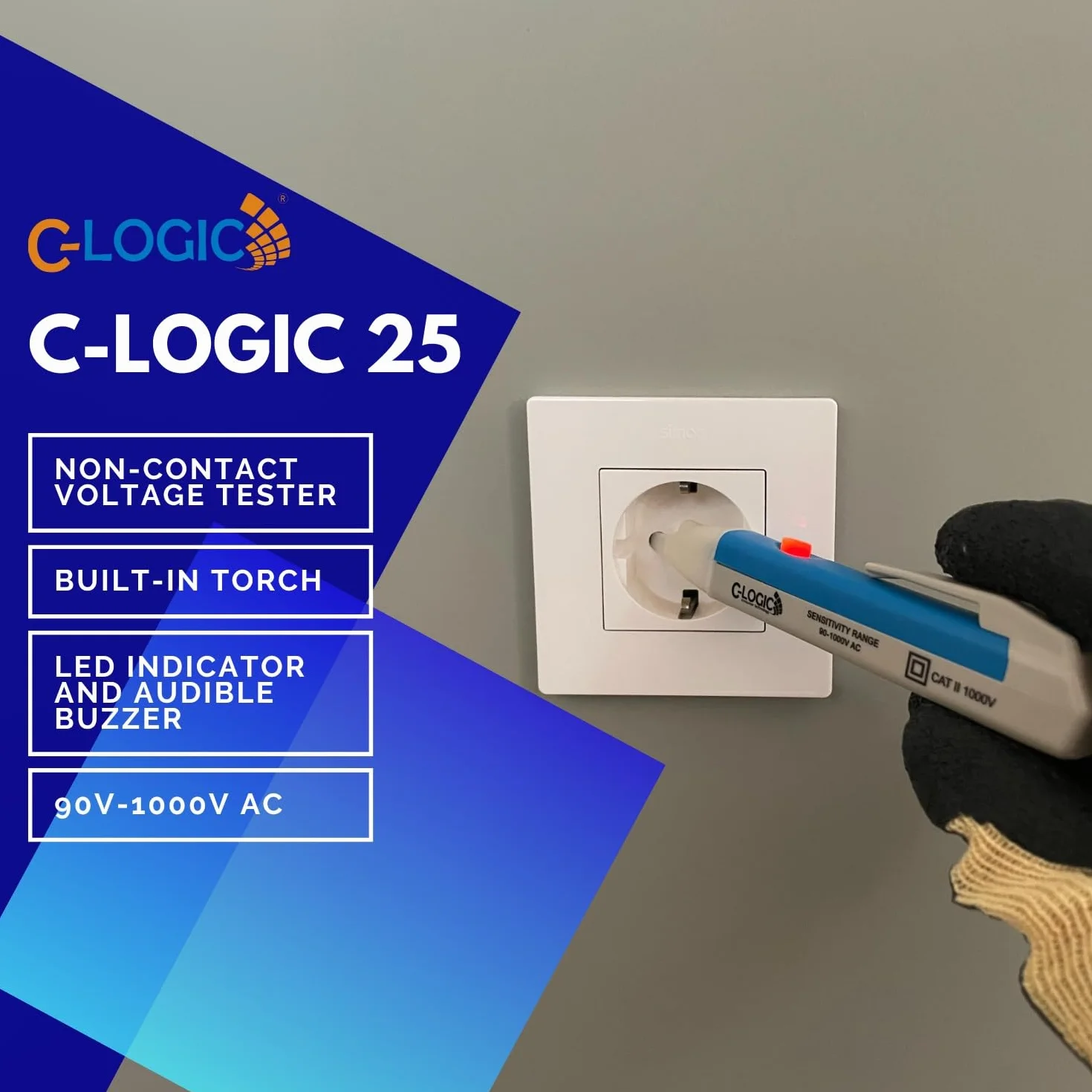 C-LOGIC 25 Detector de Voltaje Sin Contacto NCV Comprobador de Tensión LED Rojo 90V-1000V AC Indicador Acústico Visual CAT II 1000V