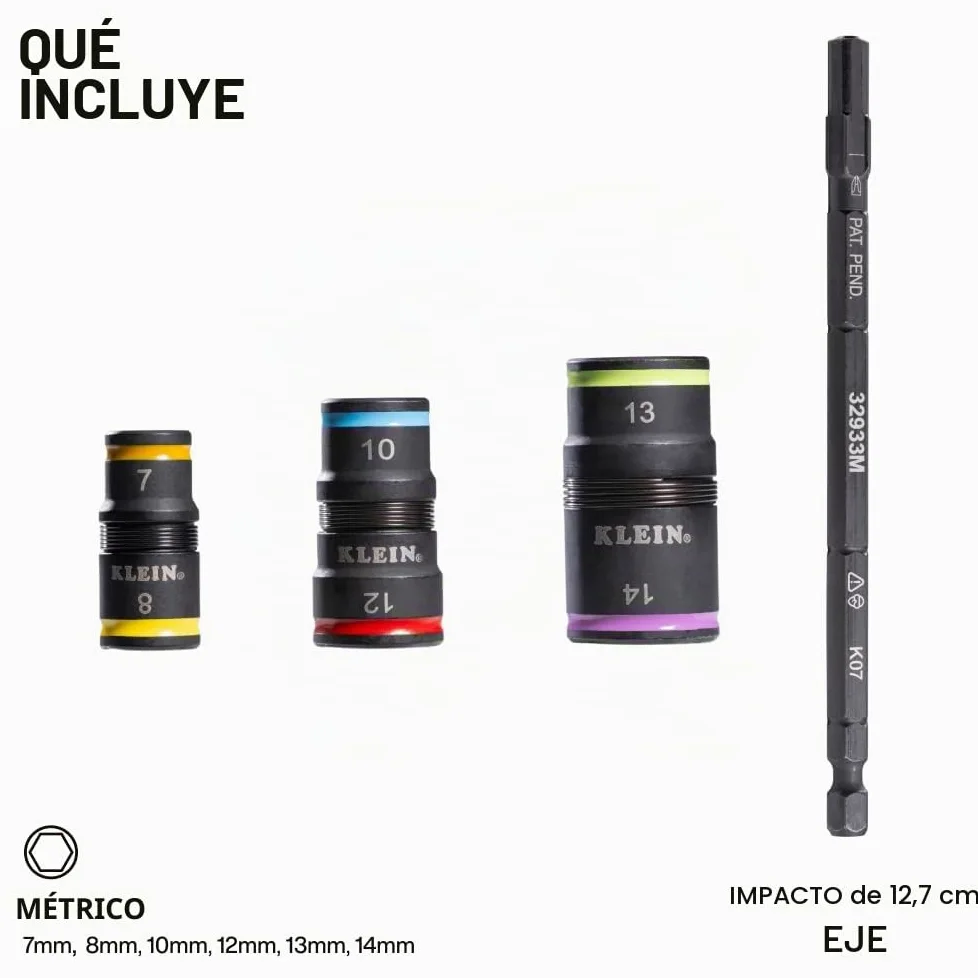 Klein Tools 32933M | Juego de vasos impact 6 en 1 métricos | Medidas 7 8 10 12 13 14 mm | Herramienta profesional para atornilladores de impacto