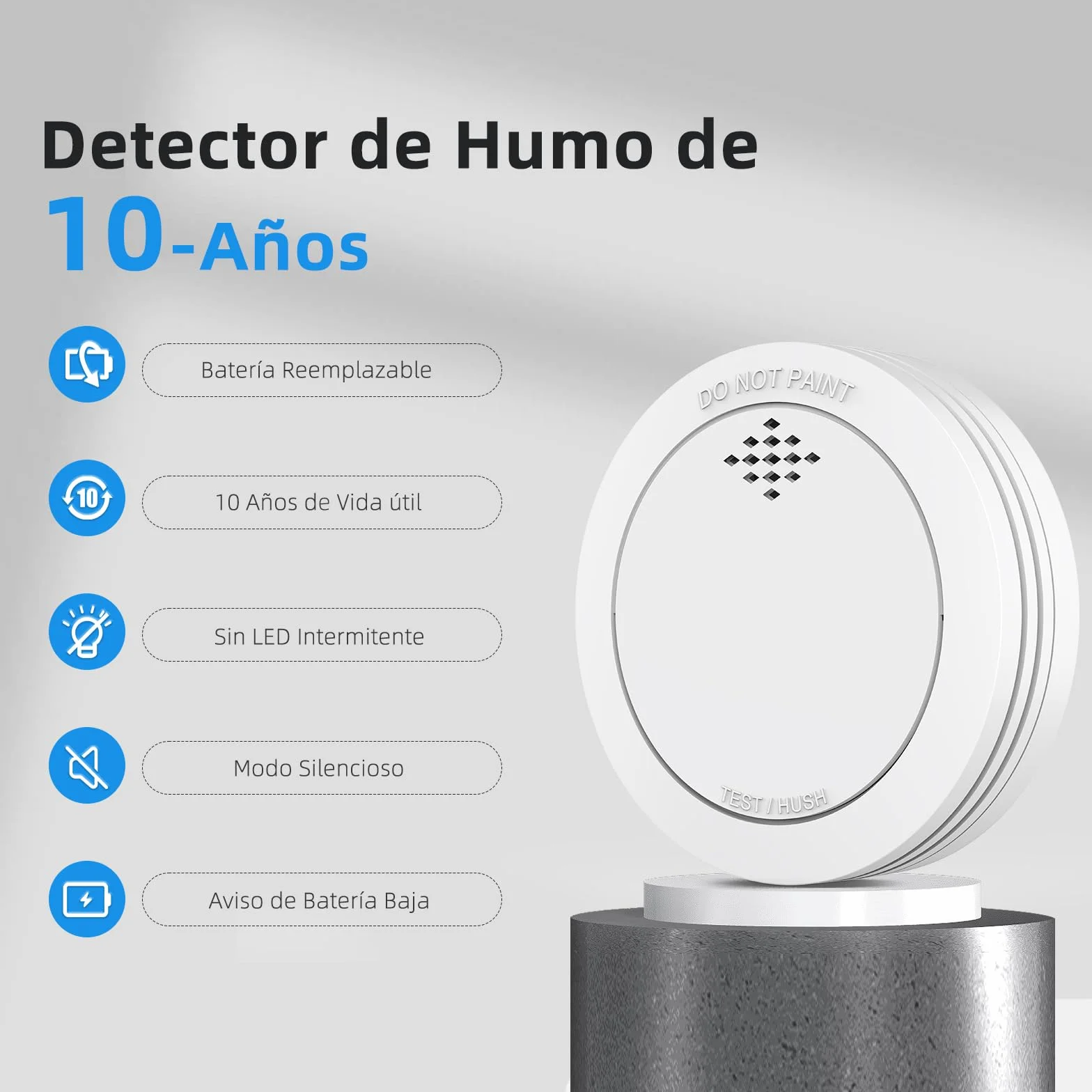 Detector de Humo 10 Años Alarma Incendios Red Batería CR123A 85 dB 1 Unidad