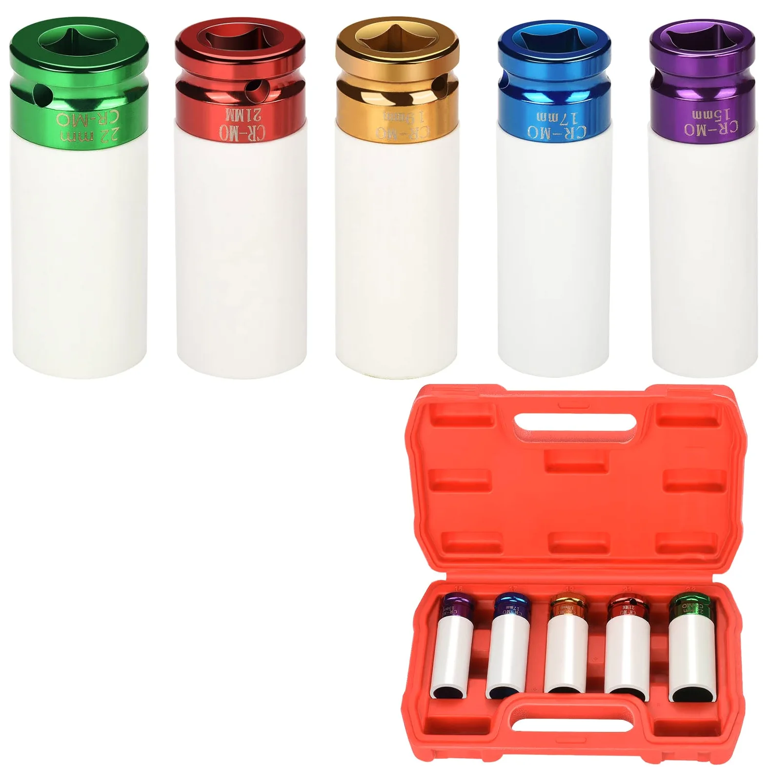 Juego de 5 llaves de impacto con insertos protectores, juego de tuercas para ruedas 15, 17, 19, 21, 22 mm, inserto de 1/2 pulgada para llave de torque e impacto, herramienta para tuercas de