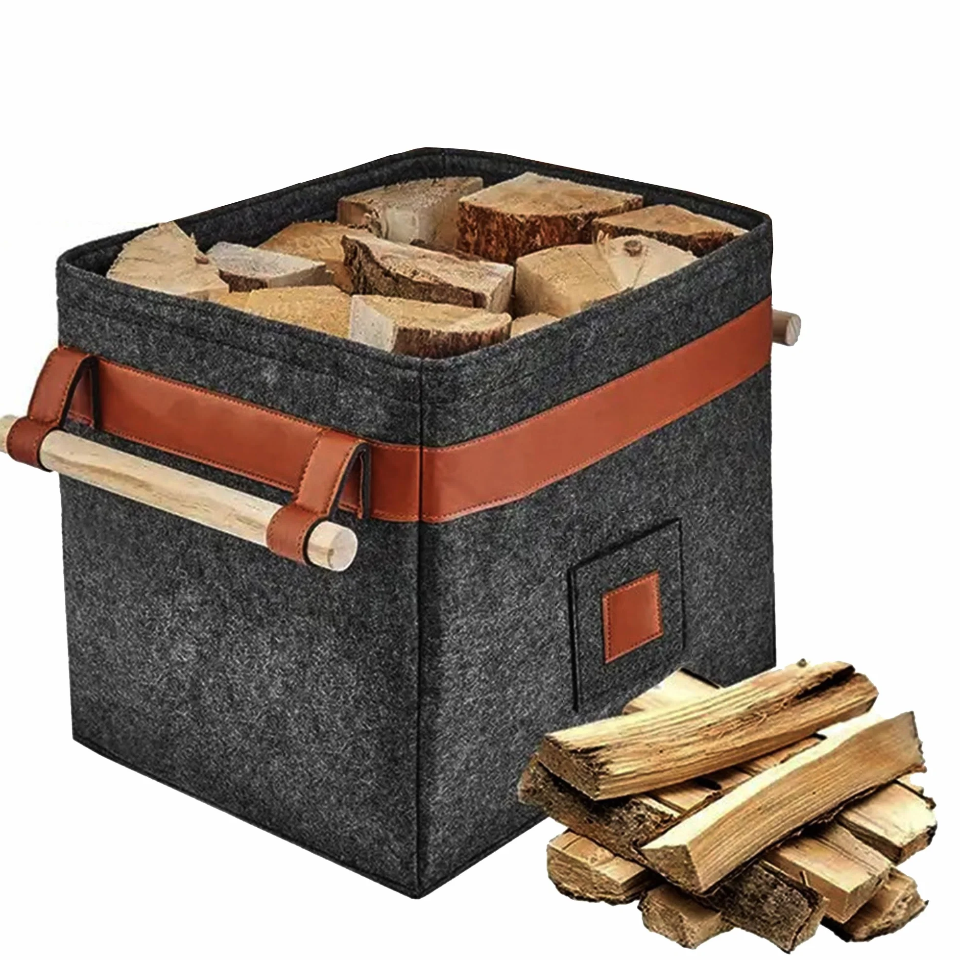 Cesto para Leña Cesta de Fieltro para Leña, Estructura de Metal Integrada Para Mayor Estabilidad Cesta para Leña, 5MM Fieltro de Espesor, Bolsa para Libros, Ropa y Juguetes
