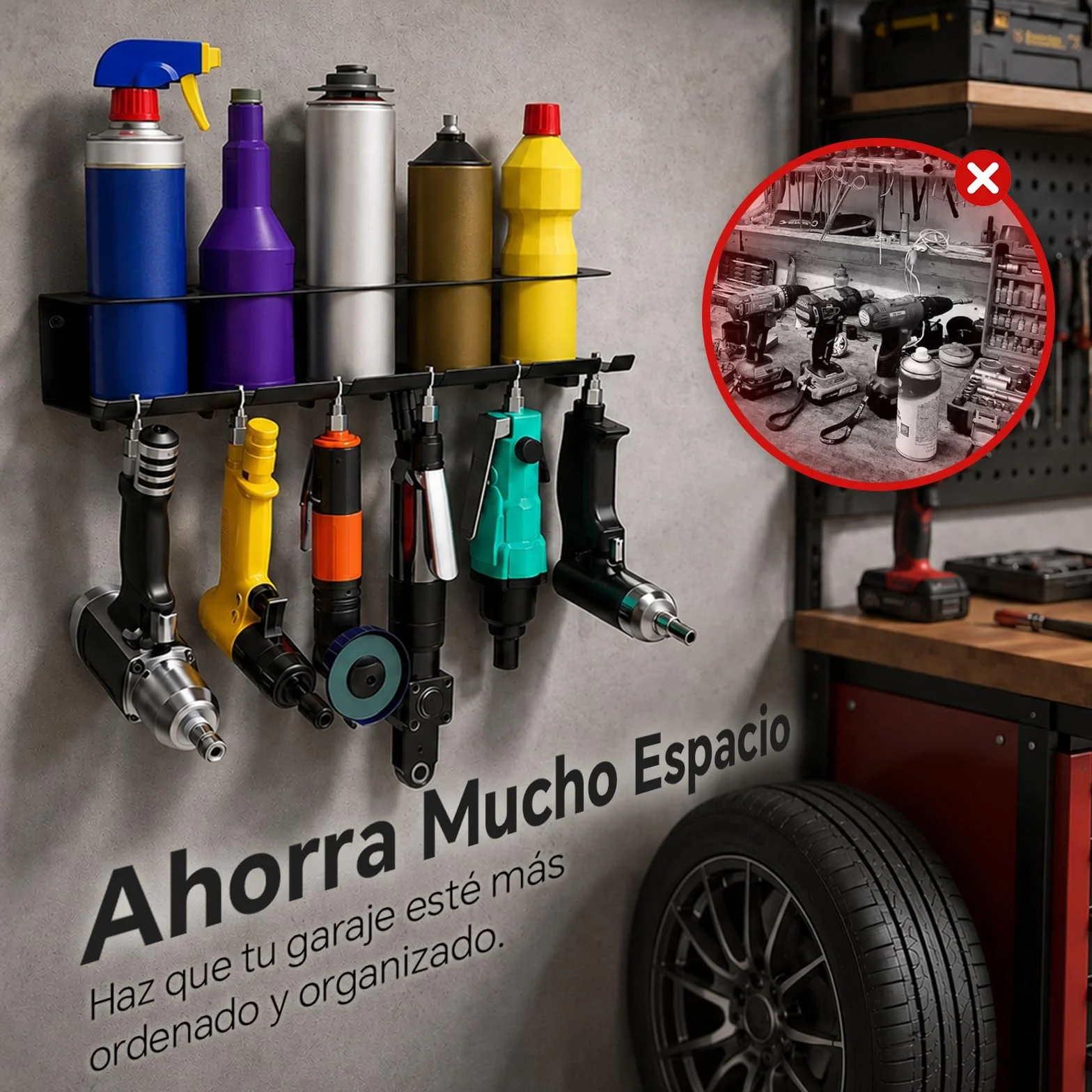 Juego de 2 soportes para botellas de spray con 5 compartimentos y 6 ranuras, para garaje, taller y hogar
