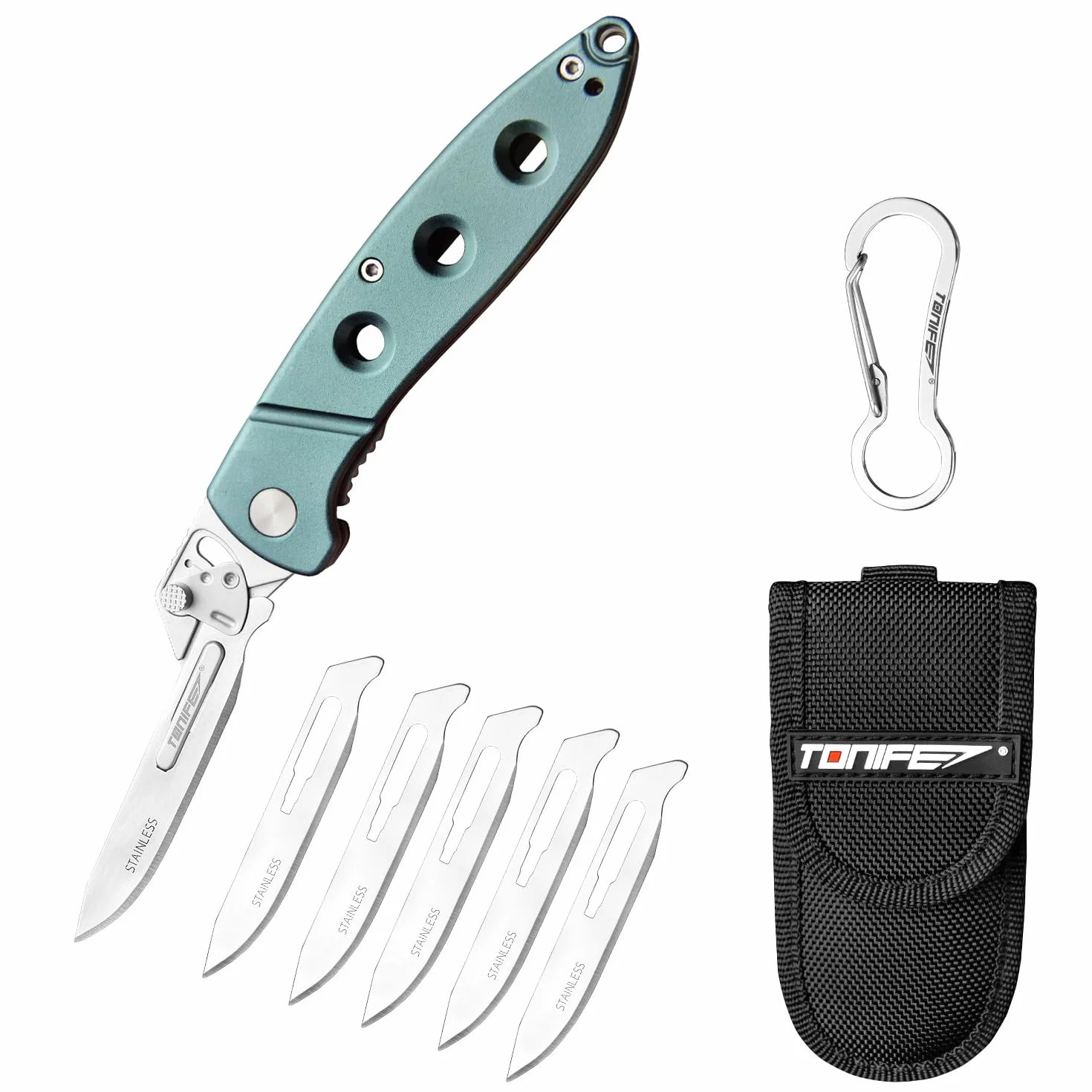 TONIFE Navaja de Bolsillo, EDC cuchillo plegable con clip de bolsillo Mosquetón Funda de nylon y 5 hojas intercambiables, para la supervivencia al aire libre Pesca Senderismo (Cian)