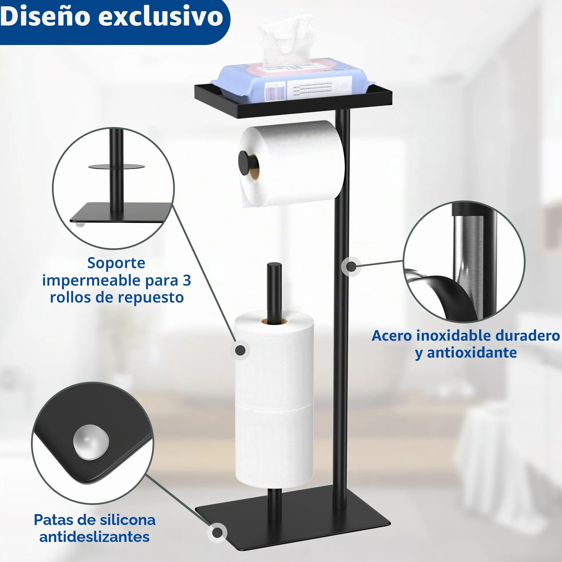 Susswiff Portarrollos de Papel higiénico Independiente con Estante de Almacenamiento Superior, Soporte de Papel higiénico Negro, Almacenamiento de 4 Rollos de Reserva