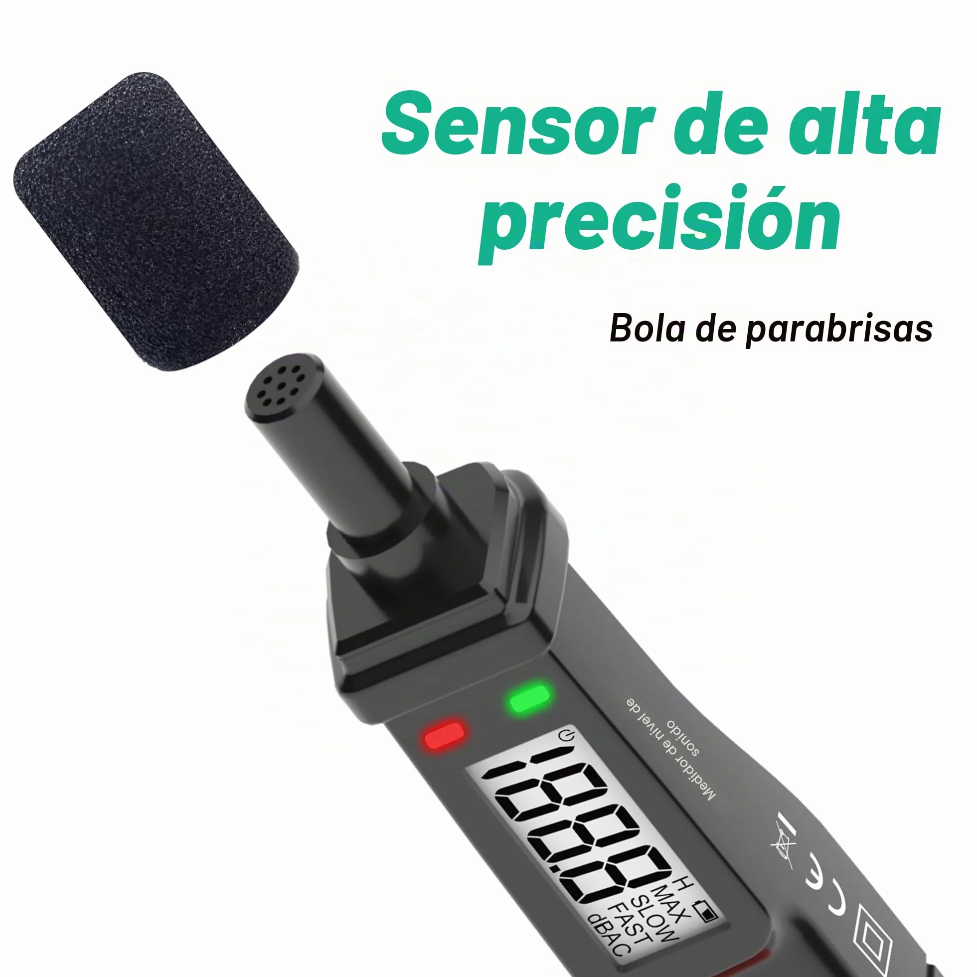 Medidor de decibelios, medidor de nivel de sonido digital 30-130 dB(A), medidor SPL portátil con pantalla LCD retroiluminada, medidor de ruido de audio con MAX/MIN, retención de datos, linterna Home