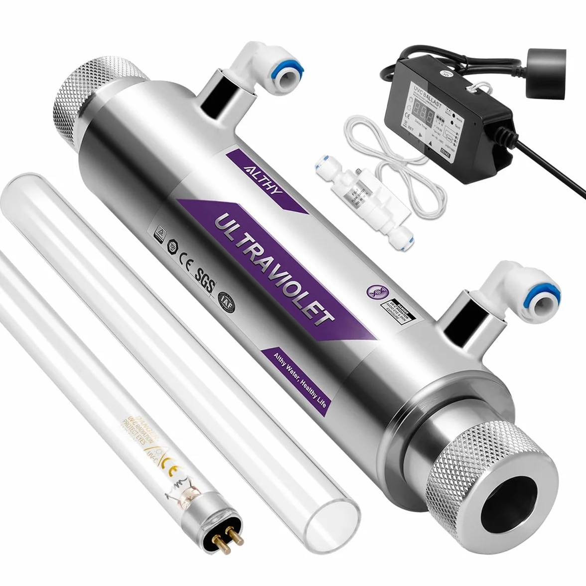 ALTHY - Filtro de agua ultraviolet, UV agua Esterilizador para purificador de agua debajo del fregadero o sistema de ósmosis inversa, con interruptor sensor flujo inteligente, 1GPM, 110-240V, 11W