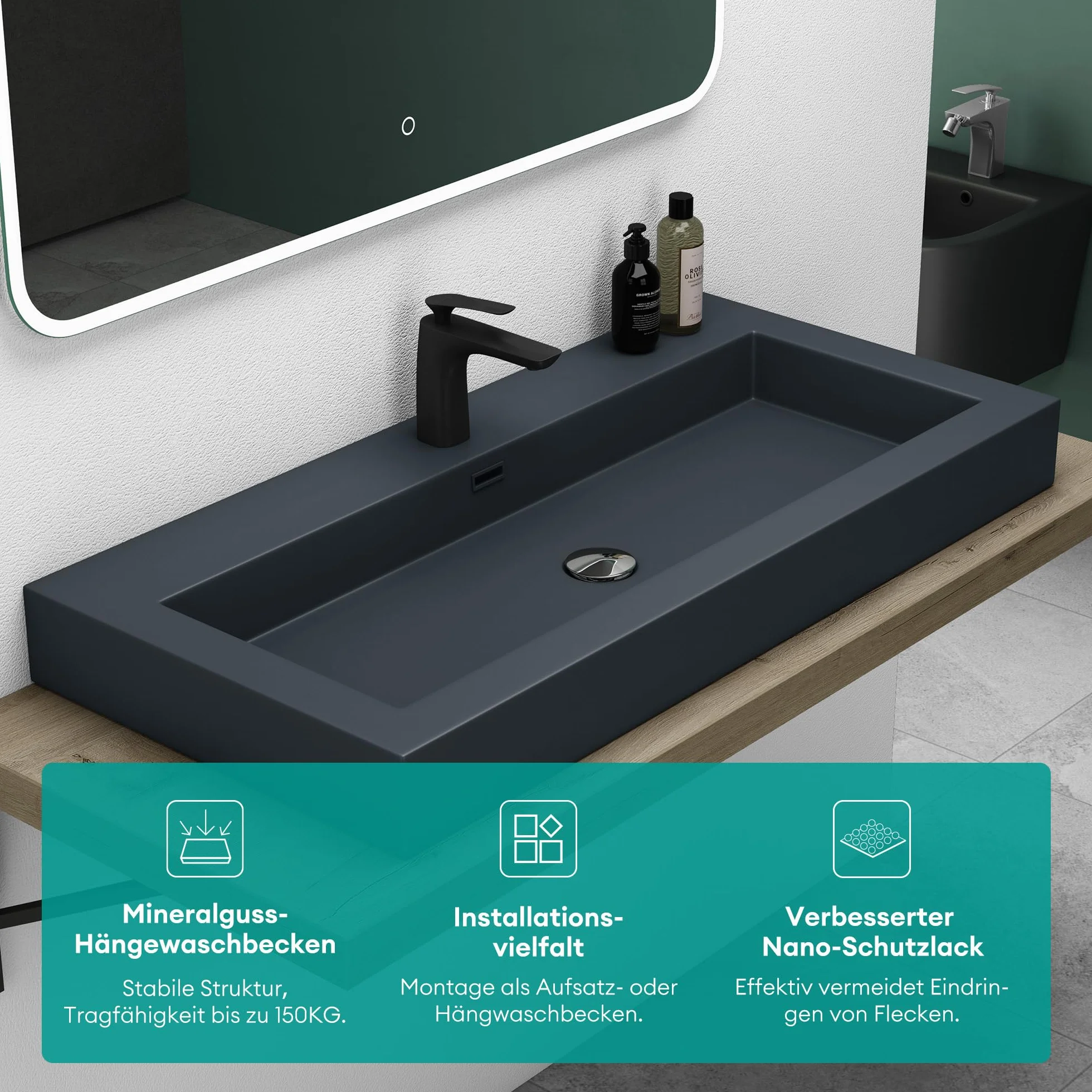 Mai & Mai Lavabo sobre Encimera Baño | Rectangular | Antracita Mate | Mármol Fundido | 60x48x12cm | con Rebosadero y Orificio para Grifo | Colossum18