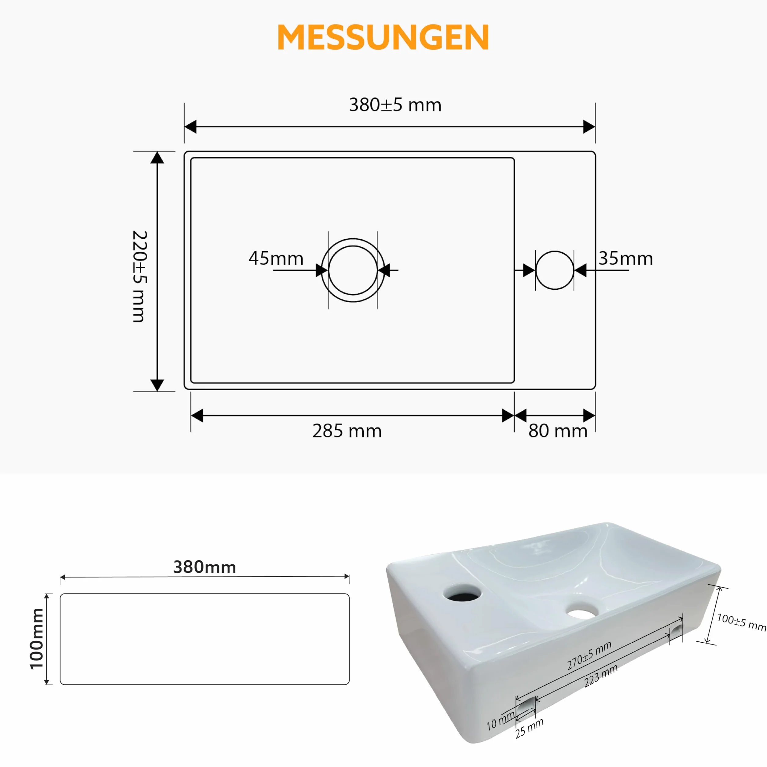 HOGART lavabo pequeño baño 38x22 cm, lavabo cerámica rectangular, lavabo suspendido pared o sobre encimera, con orificio para grifo, sin rebosadero, aseo invitados moderno (38x22cm (L))