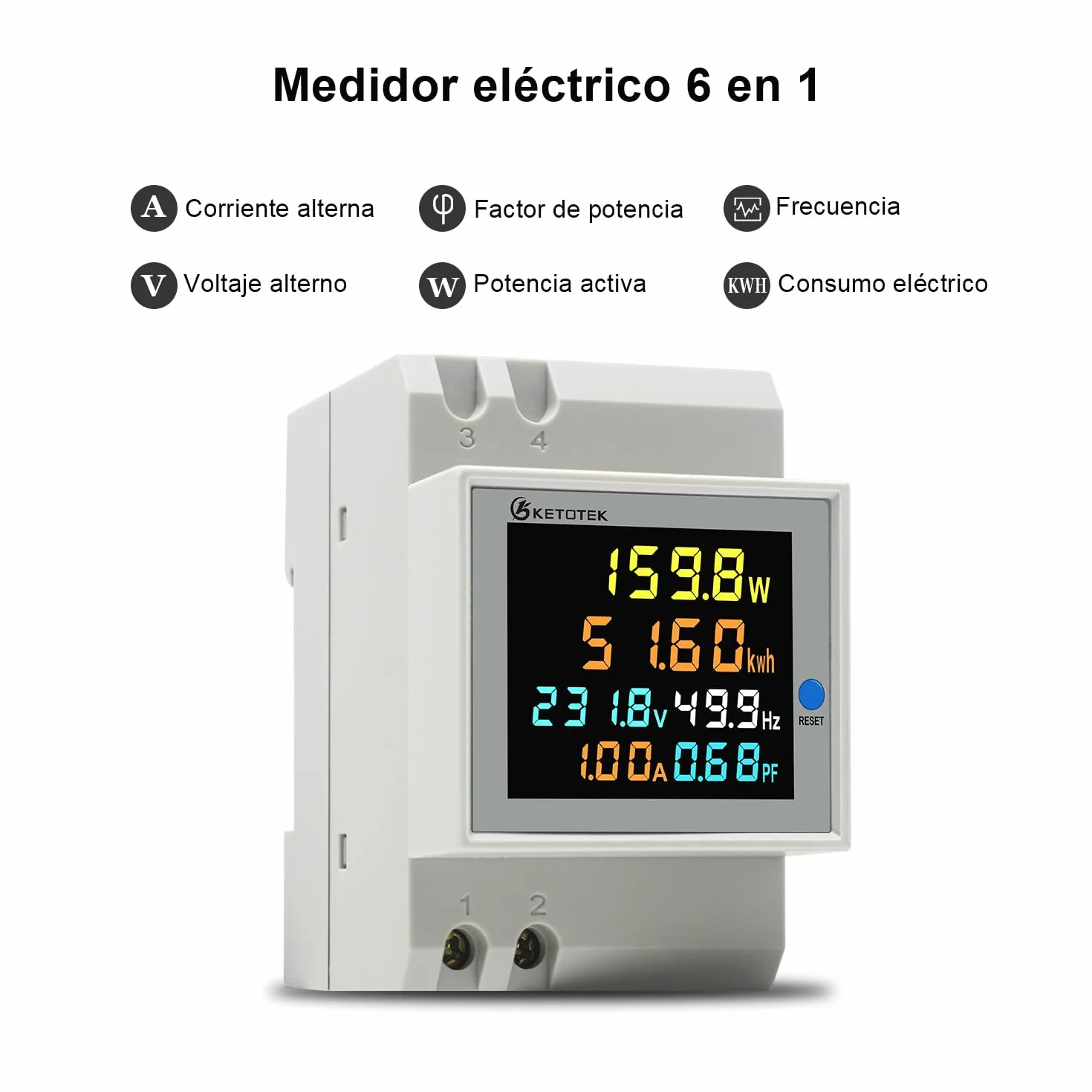 KETOTEK Medidor de Energía Digital 6 en 1 AC40-300V 100A Voltímetro Amperímetro Carril Din, Contador Eléctrico Monofásico Medición del Consumo de Voltaje Corriente Factor de Potencia Frecuencia