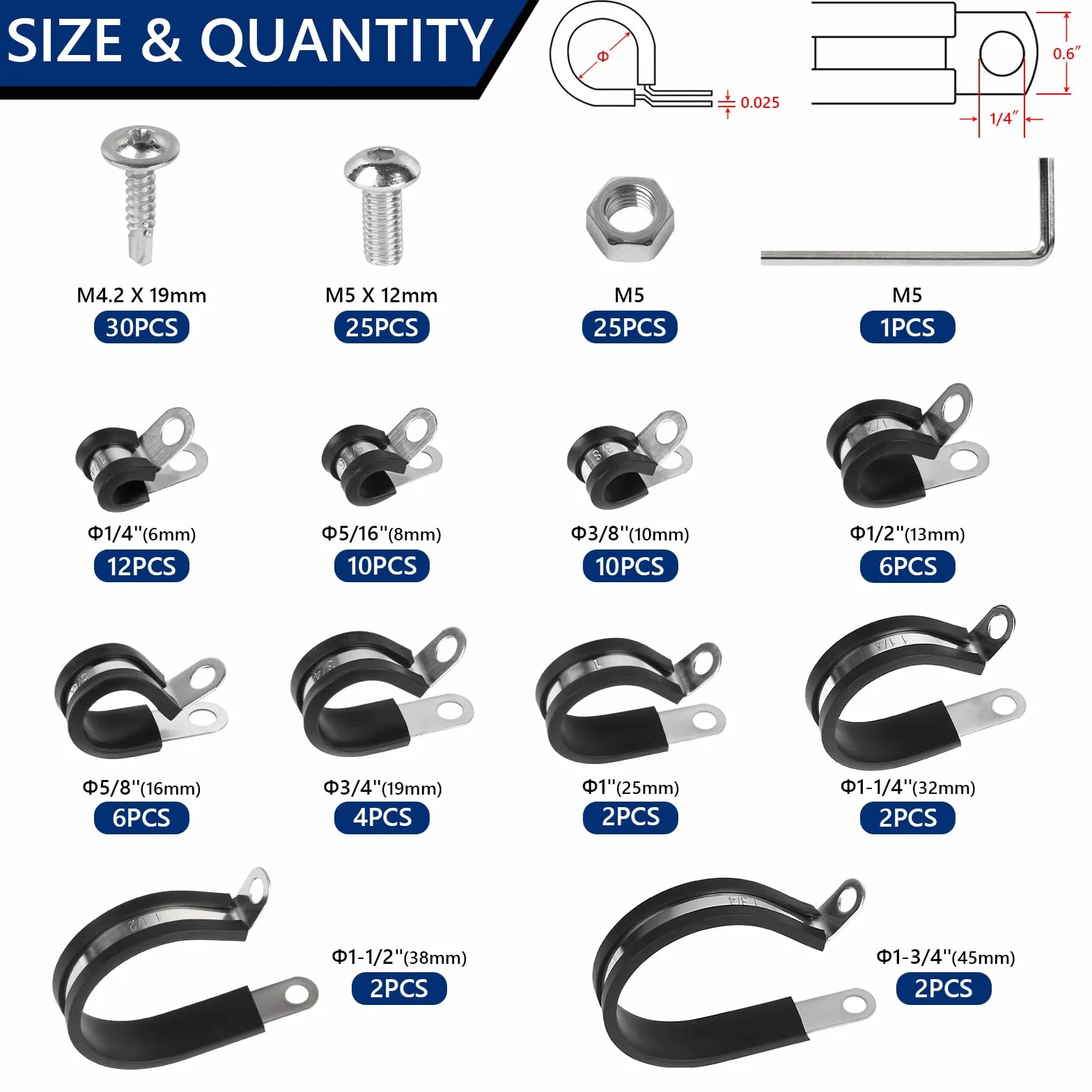 136pcs Abrazaderas de Goma para Tubos Metalicas Pipe Clamp Clips P Forradas de Goma Abrazadera de Cable Kit de Acero Inoxidable Abrazadera Manguera Goma 6mm 8mm 10mm 13mm 16mm 19mm 25mm 32mm 38mm 45mm