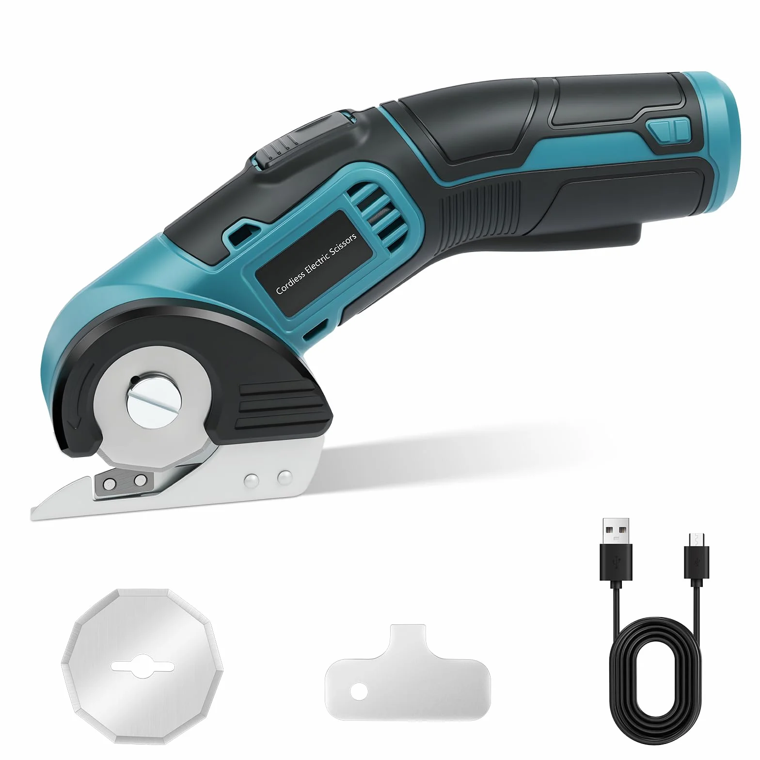 Flintronic Tijeras Electrica Costura, Cortador de Tela con Interruptor de Seguridad,Incluye 2 Cuchillas de Corte, Recargable ICúter Rotativo Eléctrico para Alfombras, Tela, Cuero, Cartón(Azul Negro)