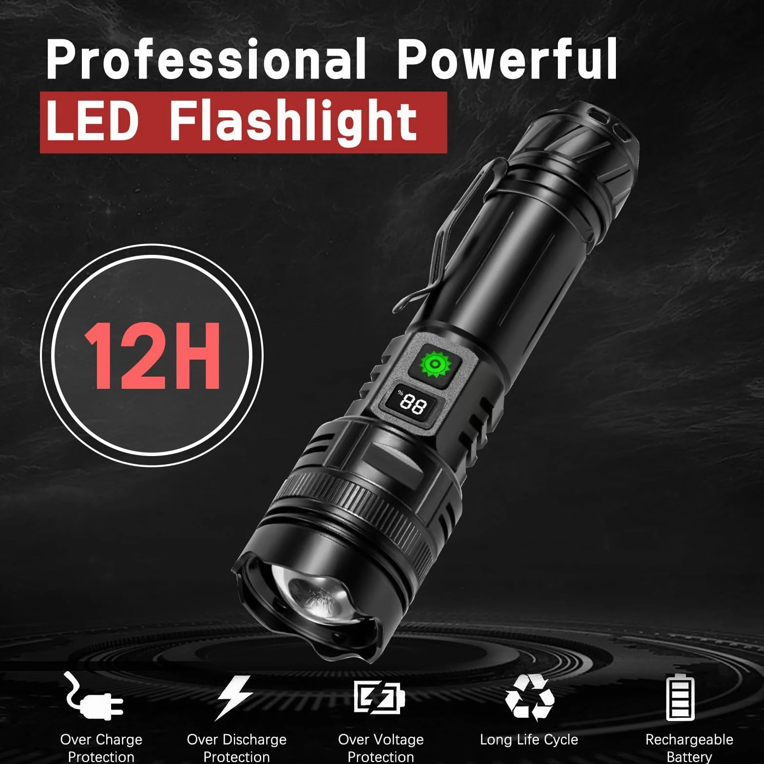 2 Piezas Linternas LED Alta Potencia 30000 Lúmenes, Recargable USB Táctica Militar XHP70.2 Con Zoom y COB, IPX67 Impermeable 5 Modos Portátil